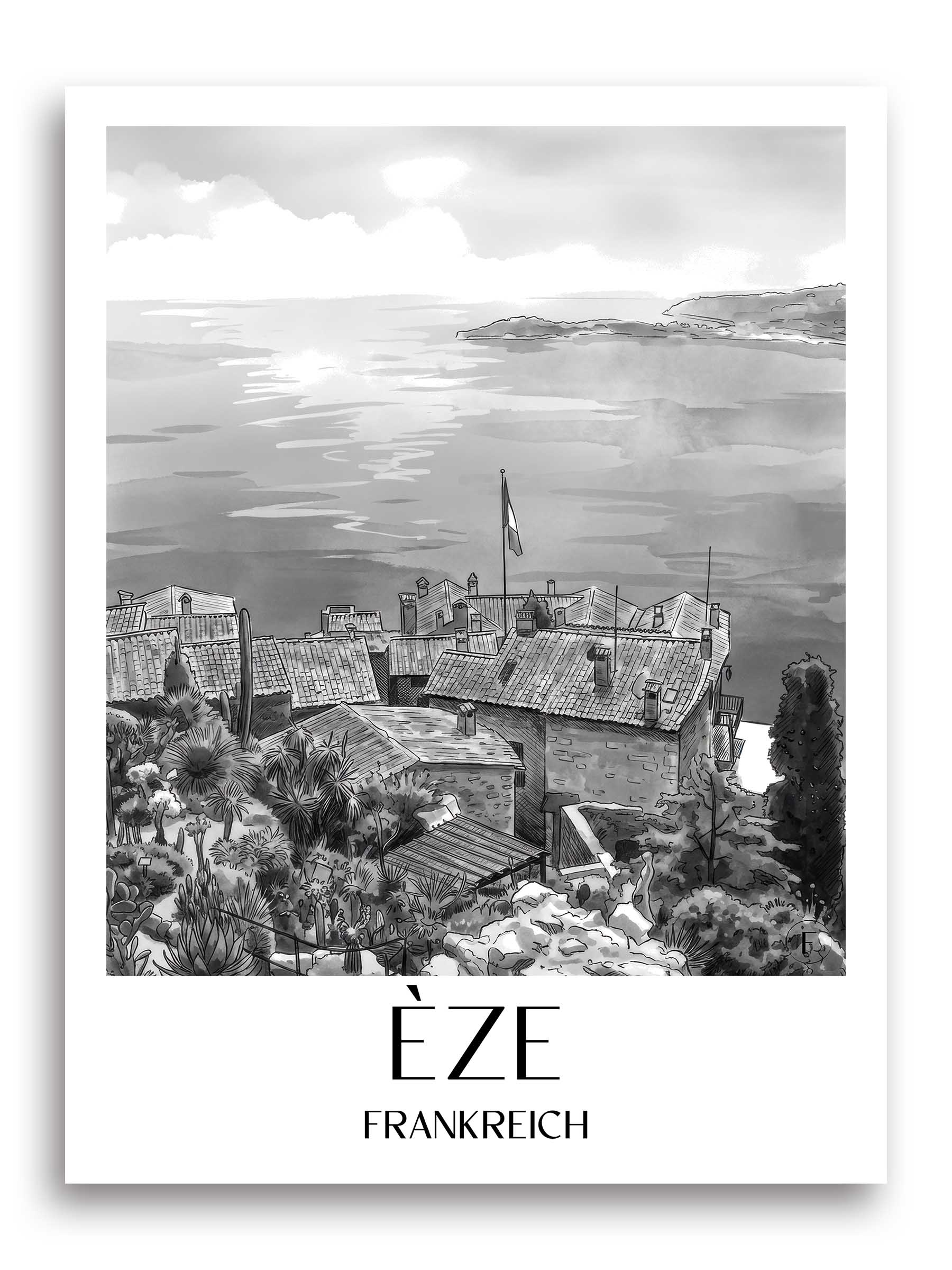 èze-frankreich-poster-aquarell-schwarz-weiss