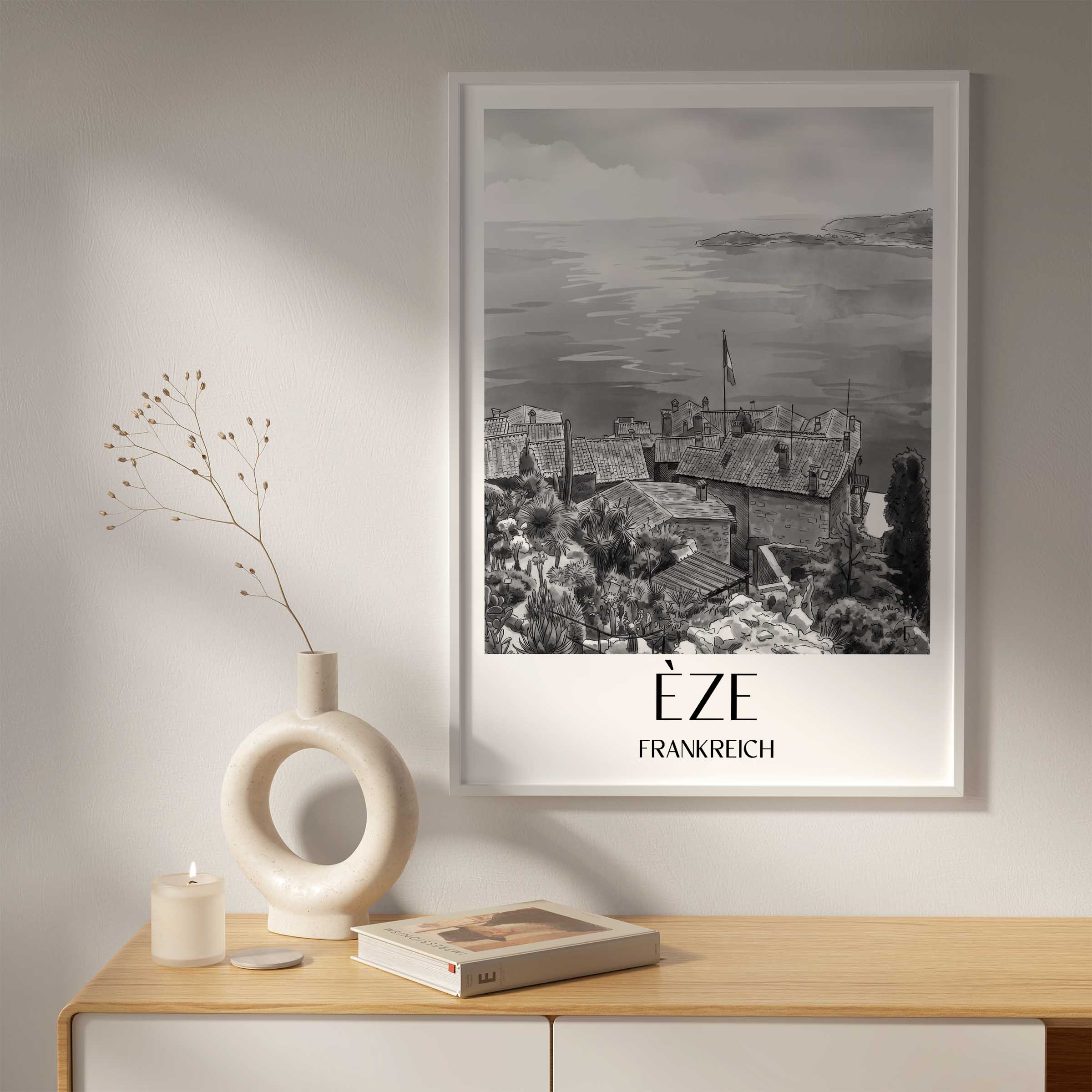 èze-frankreich-poster-aquarell-schwarz-weiss
