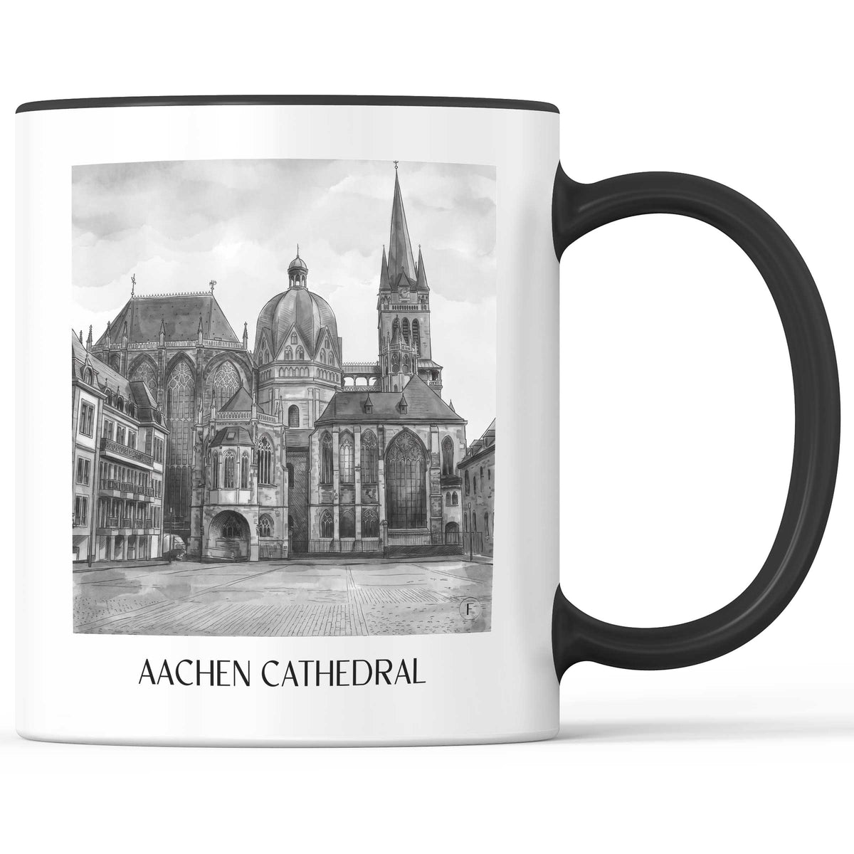 Aachener Dom Kaffeebecher - Rheinland - Deutschland Becher - Kaffeetasse im Aquarell Schwarz-Weiß Stil - favplace