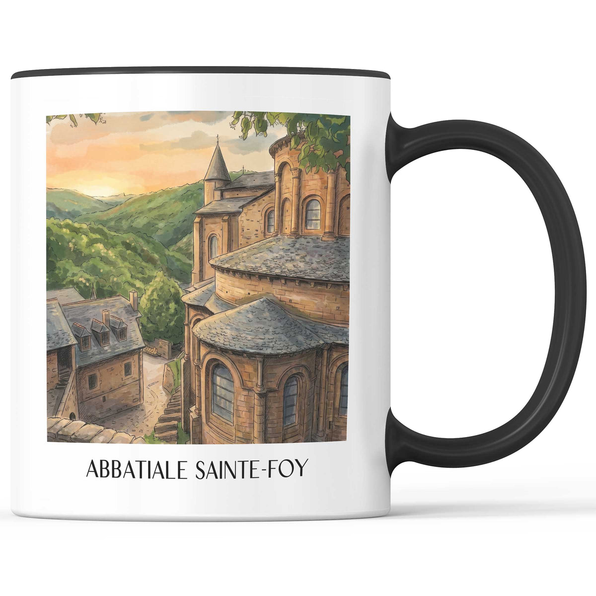 abbatiale-sainte-foy-conques-frankreich-kaffeebecher-aquarell