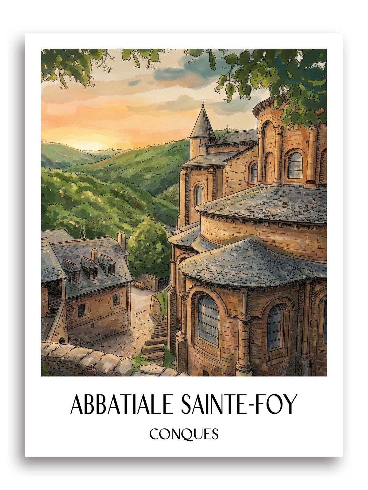 abbatiale-sainte-foy-conques-frankreich-poster-aquarell