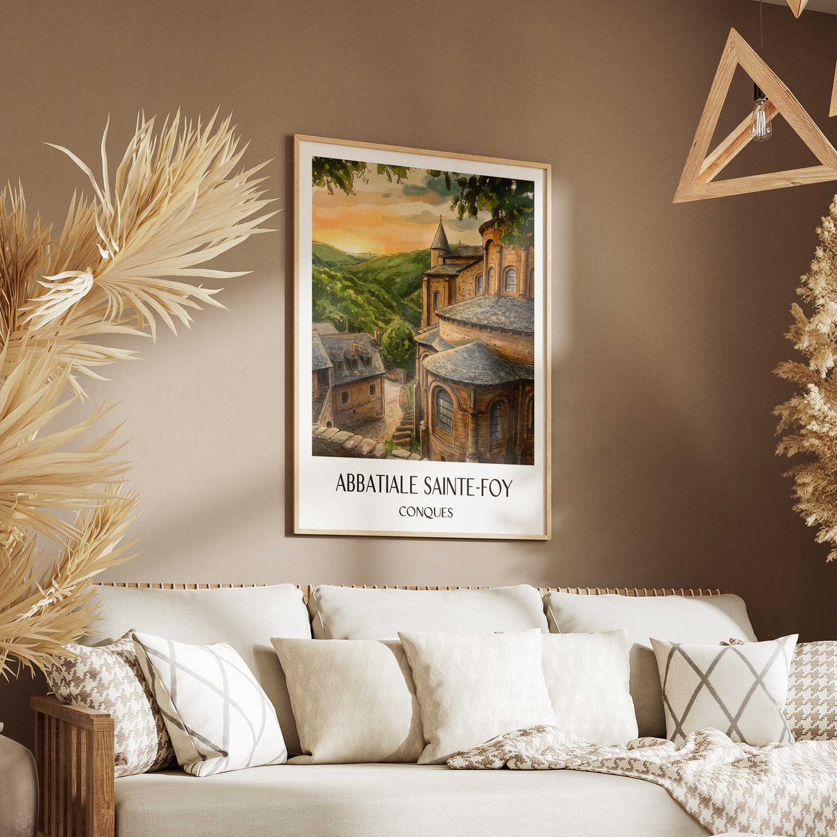 abbatiale-sainte-foy-conques-frankreich-poster-aquarell