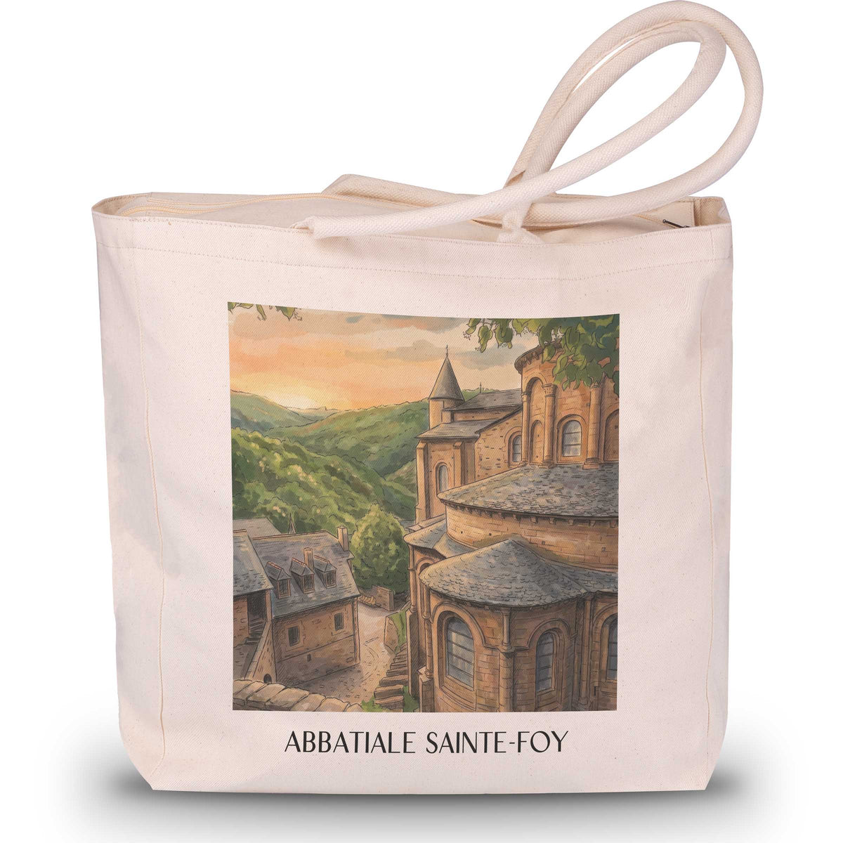 abbatiale-sainte-foy-conques-frankreich-einkaufstasche-aquarell