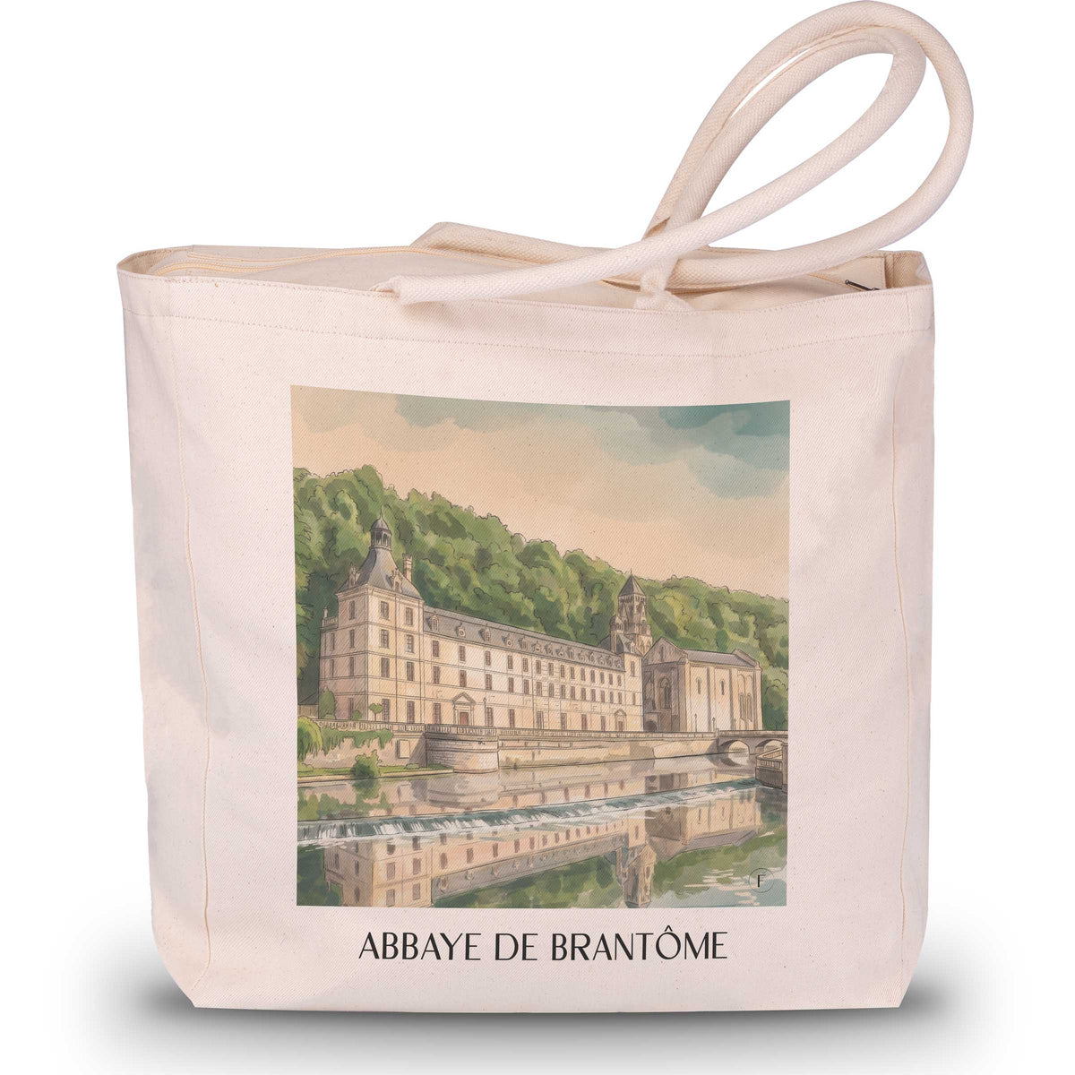 abbaye-de-brantôme-brantôme-frankreich-einkaufstasche-aquarell