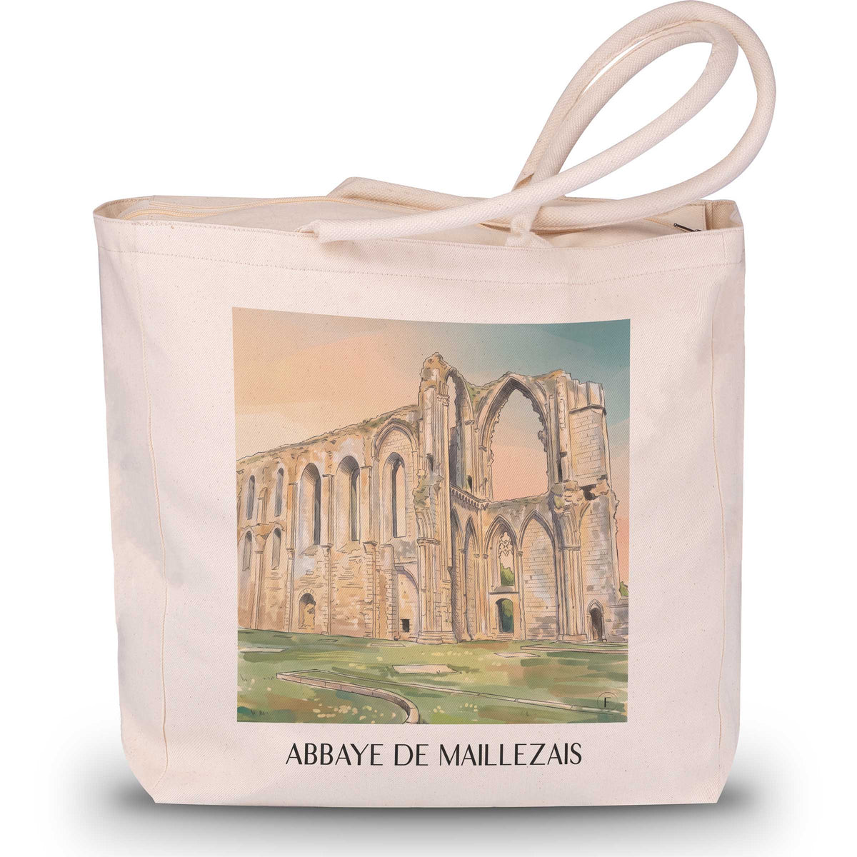 abbaye-de-maillezais-marais-poitevin-frankreich-einkaufstasche-aquarell