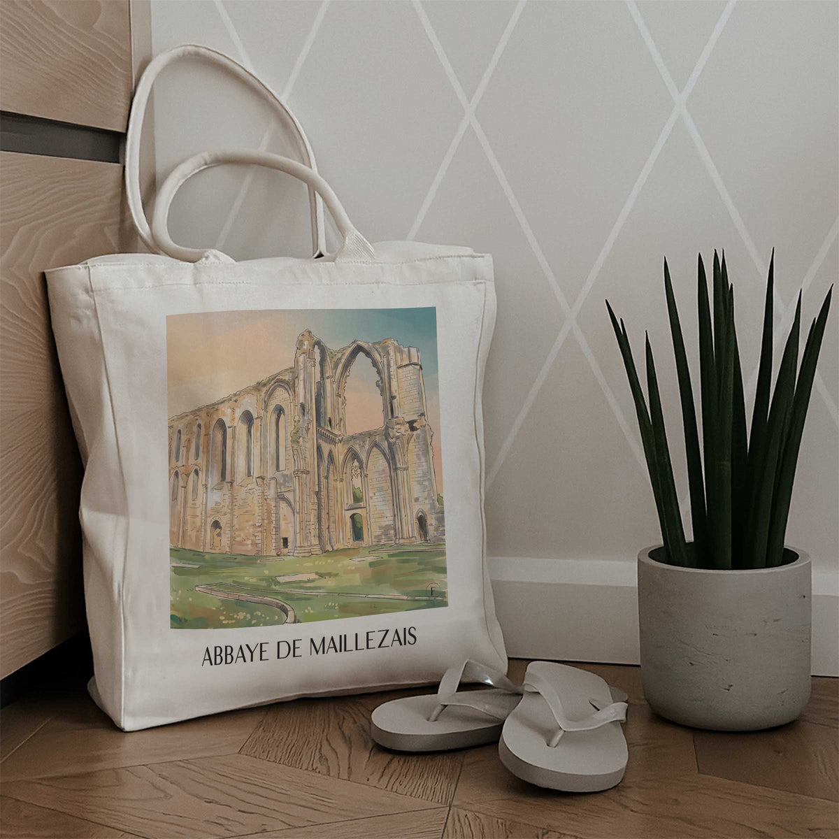 abbaye-de-maillezais-marais-poitevin-frankreich-einkaufstasche-aquarell