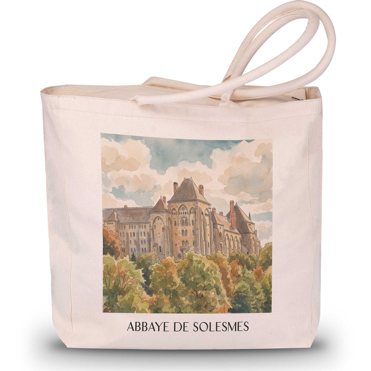 abbaye-de-solesmes-vallée-de-la-sarthe-frankreich-einkaufstasche-aquarell