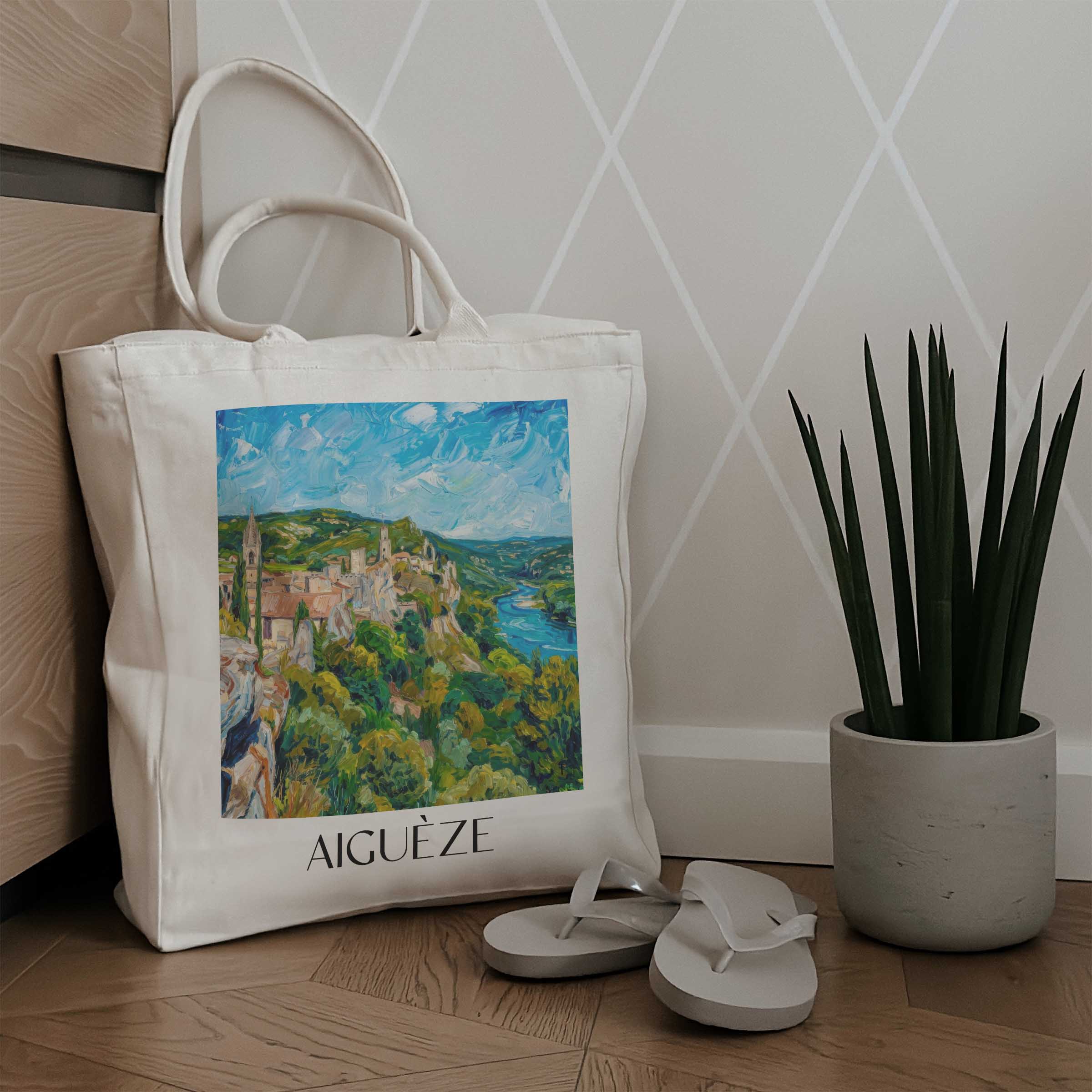aiguèze-cèze-frankreich-einkaufstasche-oil-painting-oelgemaelde