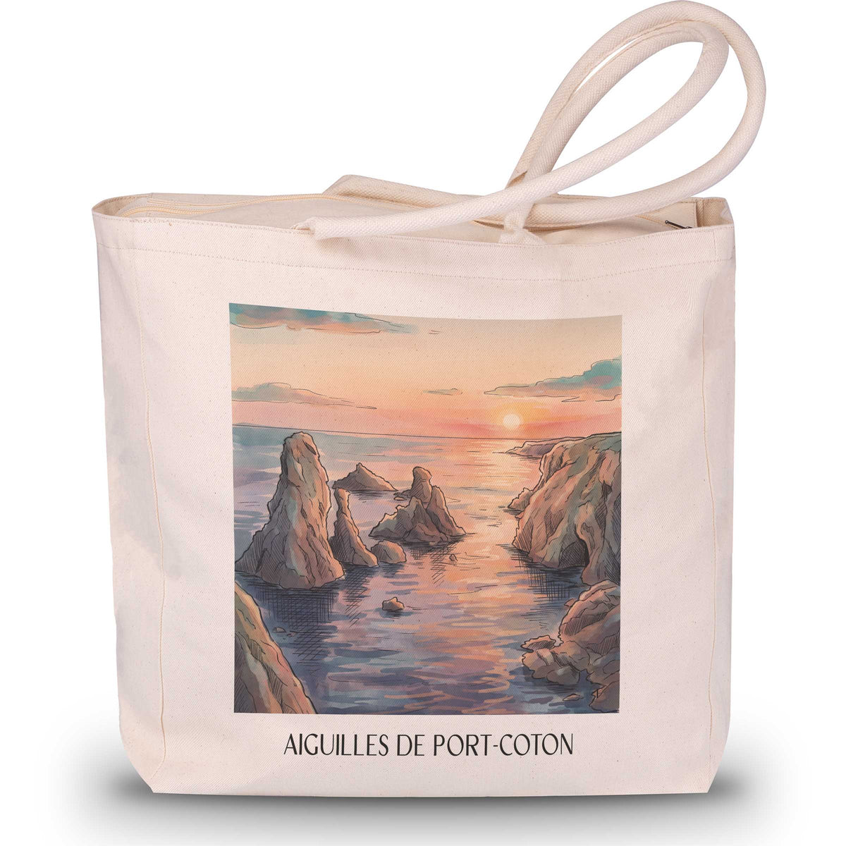 aiguilles-de-port-coton-belle-île-frankreich-einkaufstasche-aquarell