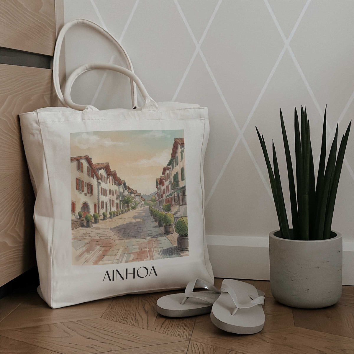 ainhoa-pays-basque-frankreich-einkaufstasche-aquarell