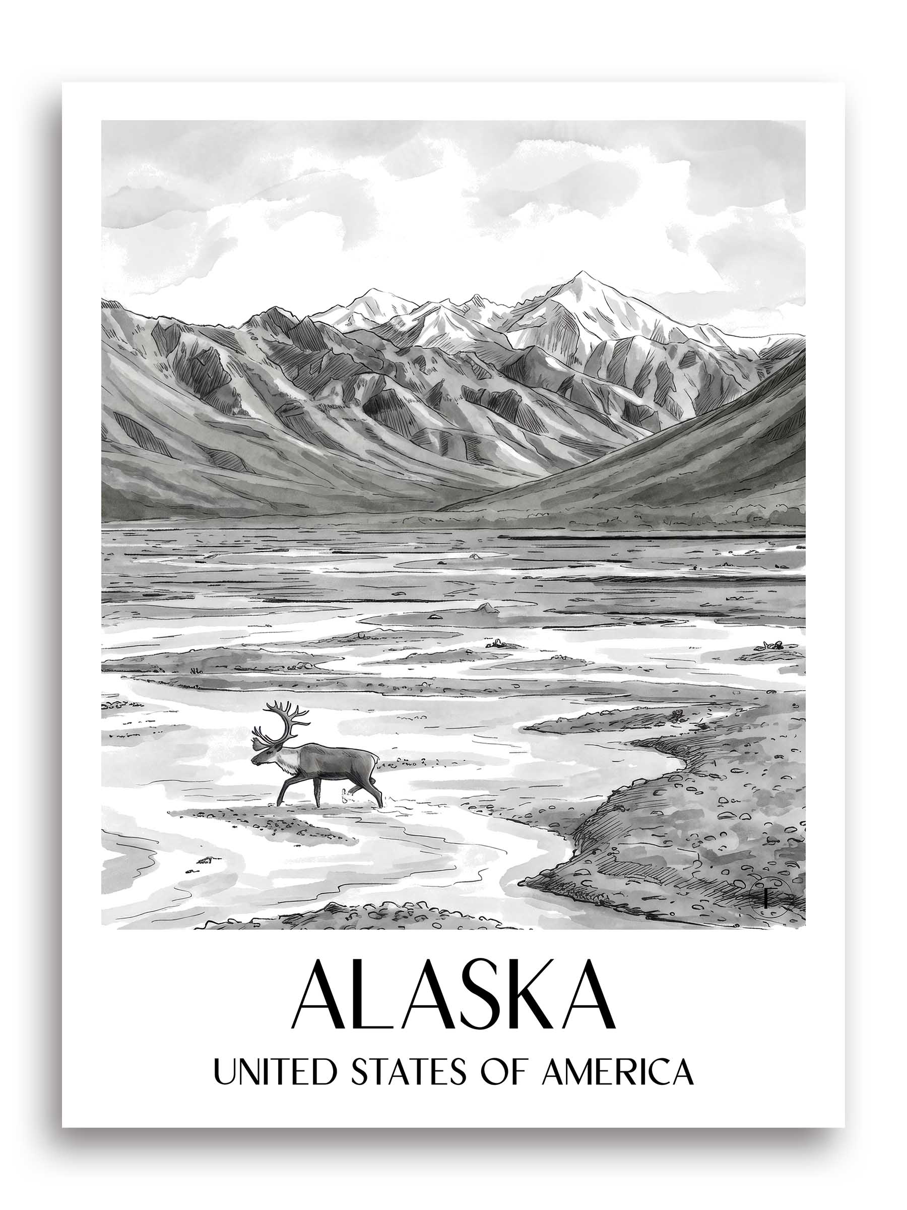 Alaska Poster - - Vereinigte Staaten von Amerika Kunstdruck - Aquarell Schwarz-Weiß von A4 bis A1 - favplace