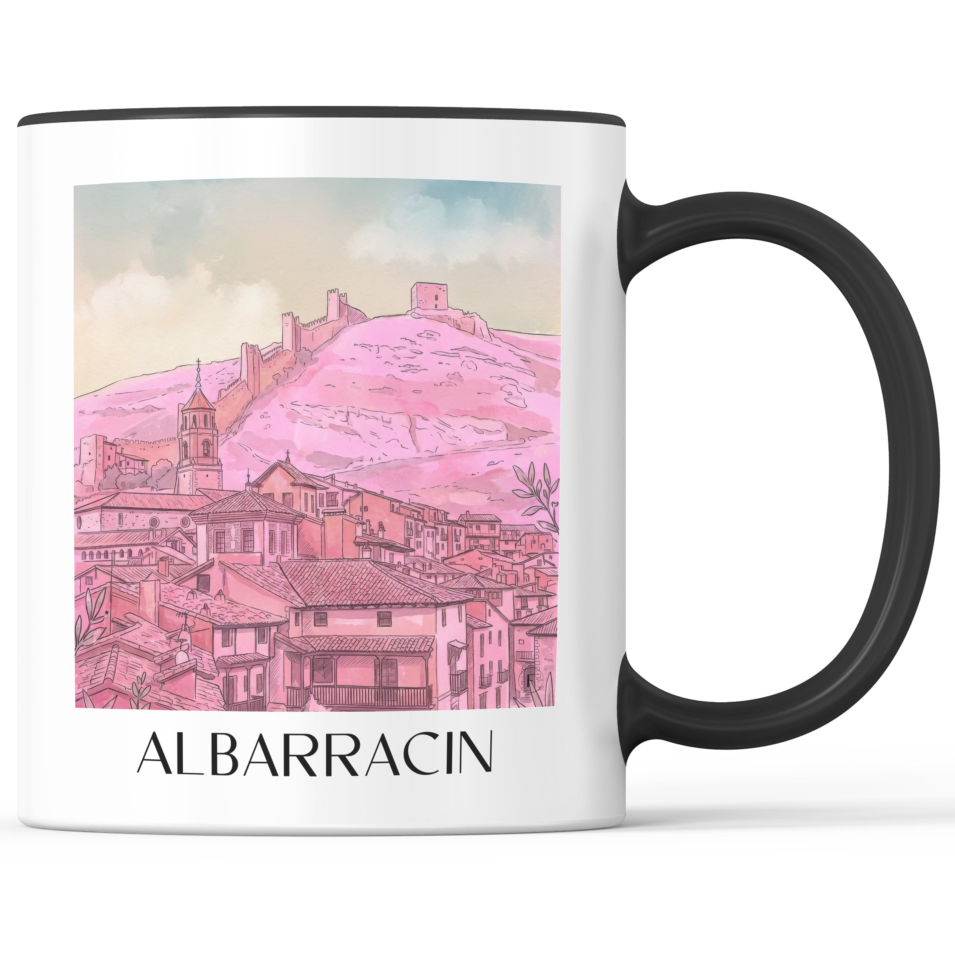 Albarracín Kaffeebecher - Spanien - Spanien und Spanien Becher - Kaffeetasse im Aquarell Pink Stil - favplace