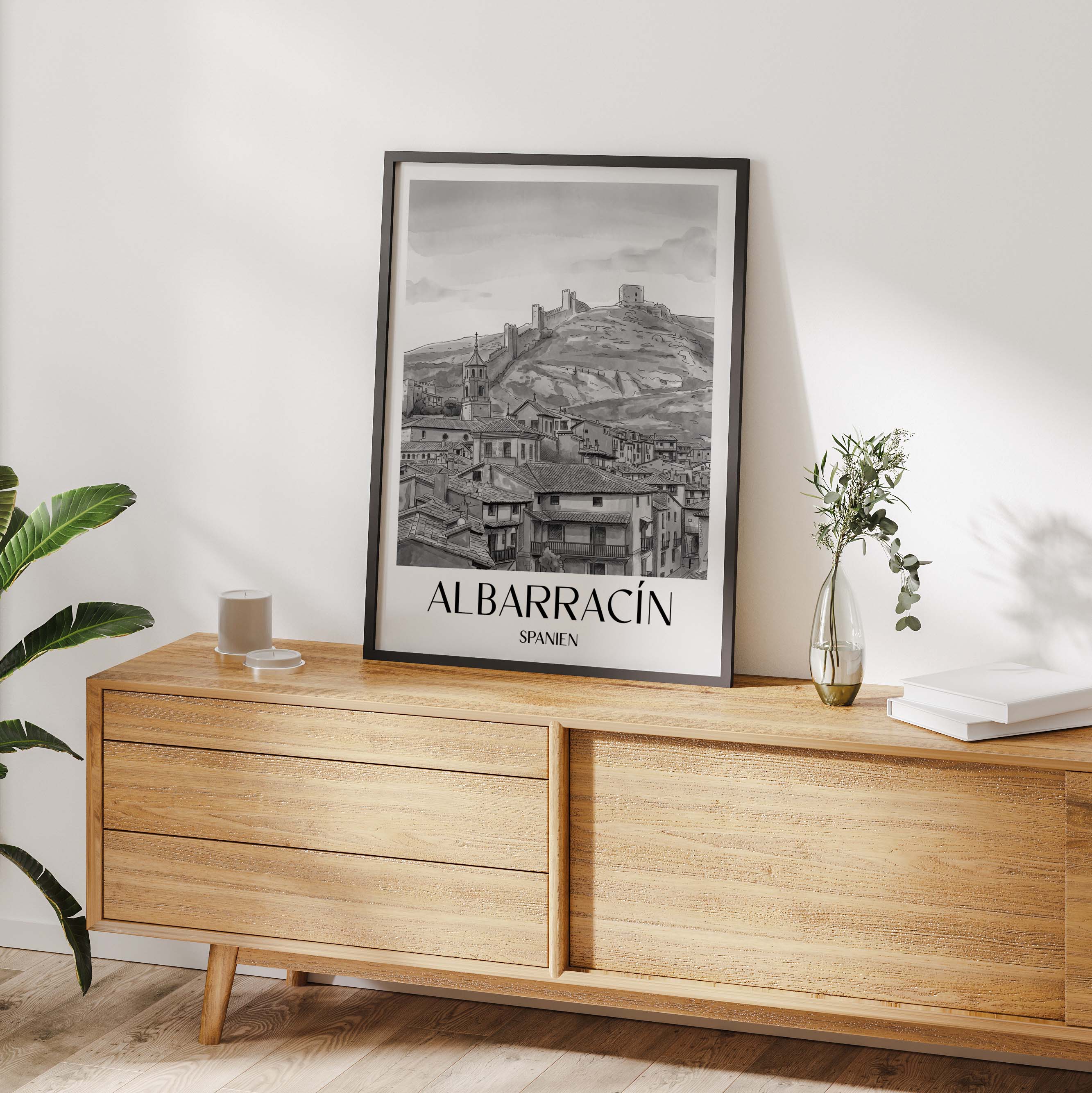 albarracín-spanien-spanien-poster-aquarell-schwarz-weiss