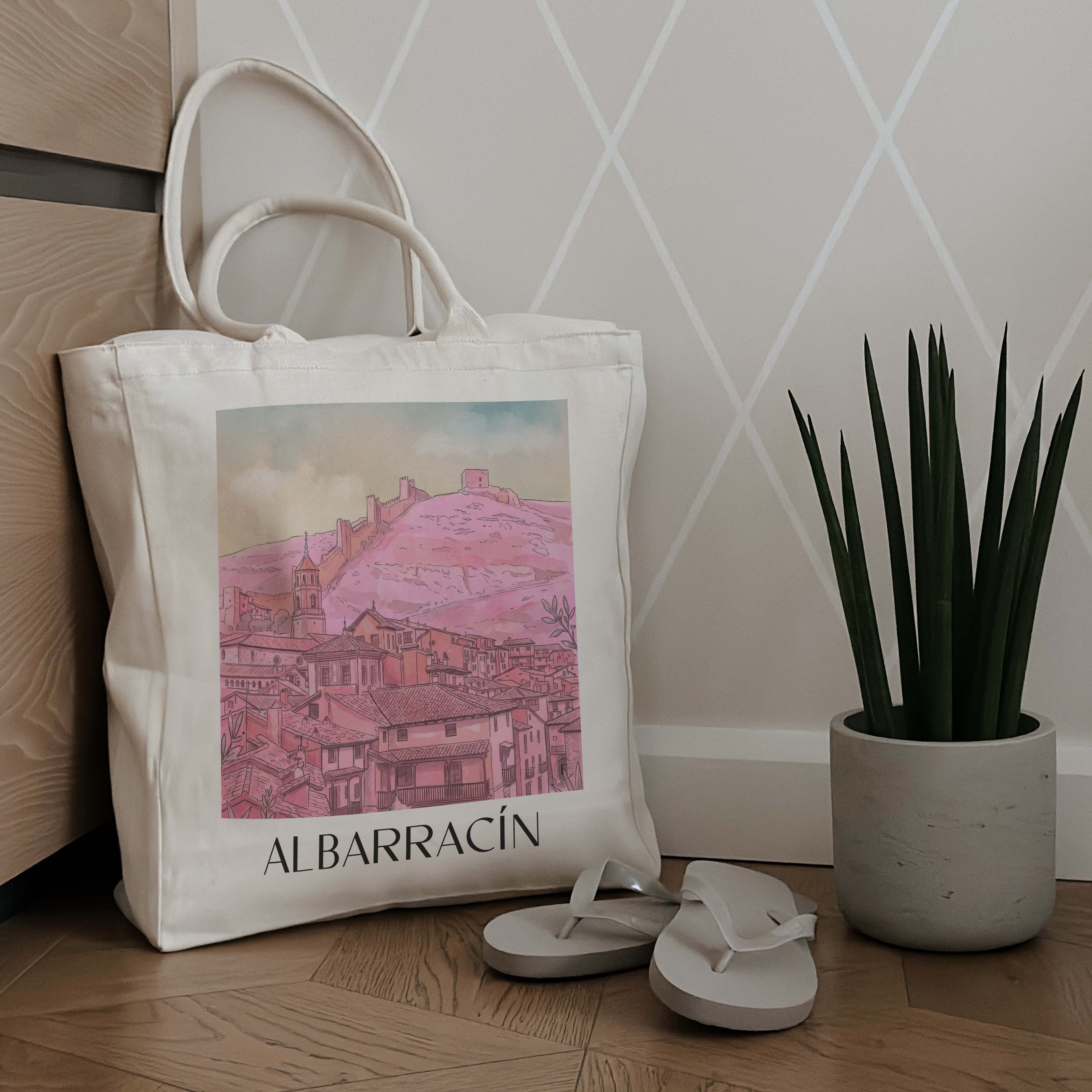 albarracín-spanien-spanien-einkaufstasche-aquarell-pink-rosa