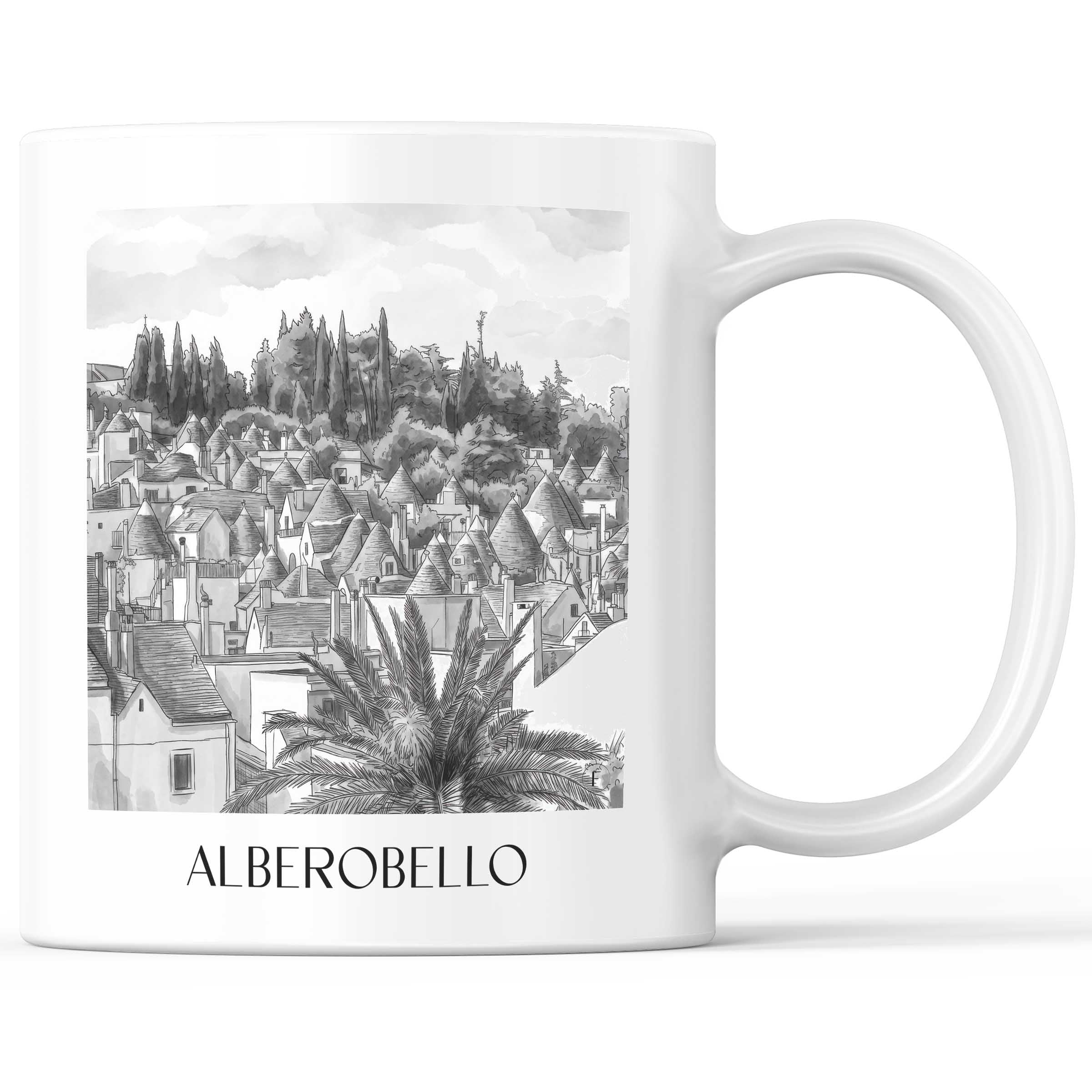 Alberobello - Italien Becher - Kaffeetasse im Aquarell Schwarz-Weiß Stil - favplace