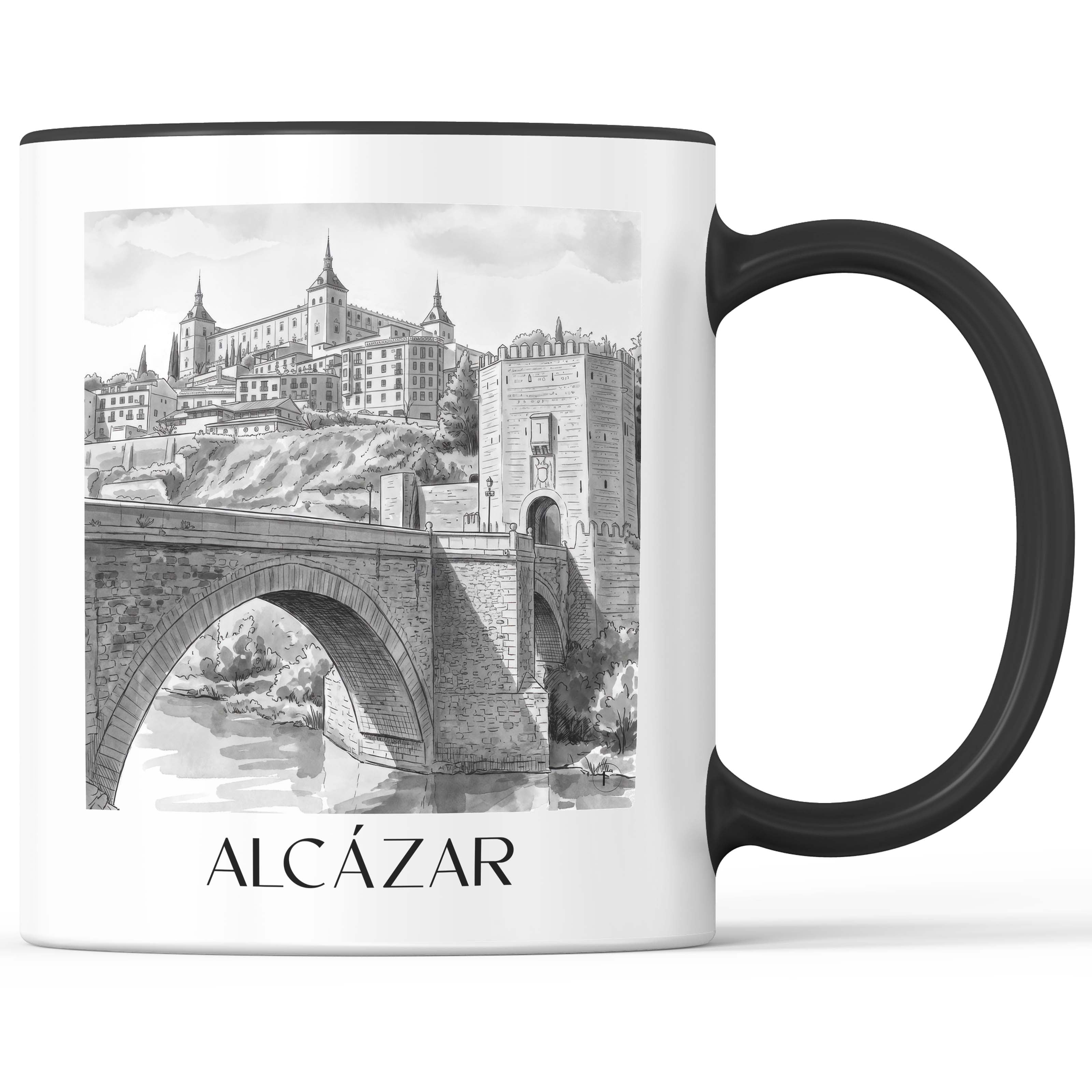 Alcázar Kaffeebecher - Toledo - Spanien Becher - Kaffeetasse im Aquarell Schwarz-Weiß Stil - favplace