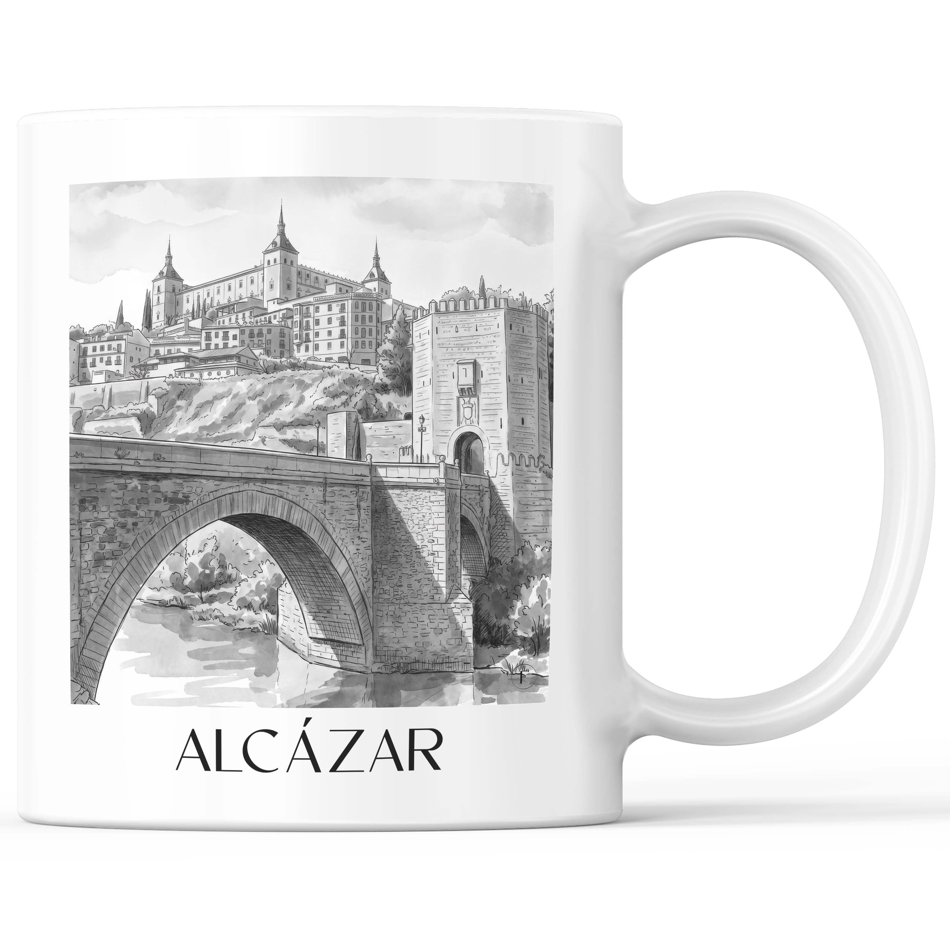 Alcázar Kaffeebecher - Toledo - Spanien Becher - Kaffeetasse im Aquarell Schwarz-Weiß Stil - favplace