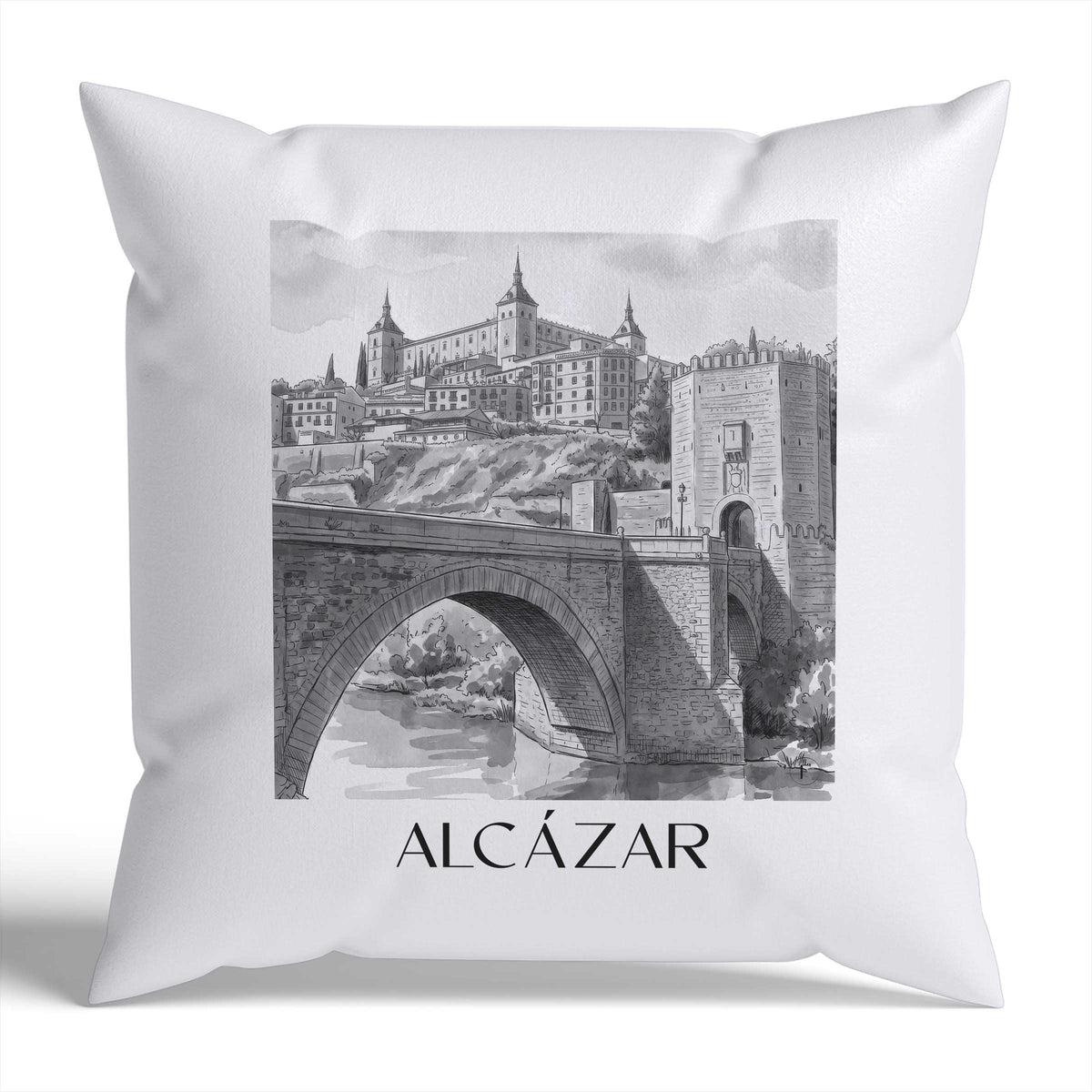 alcázar-toledo-spanien-kissenbezug-aquarell-schwarz-weiss