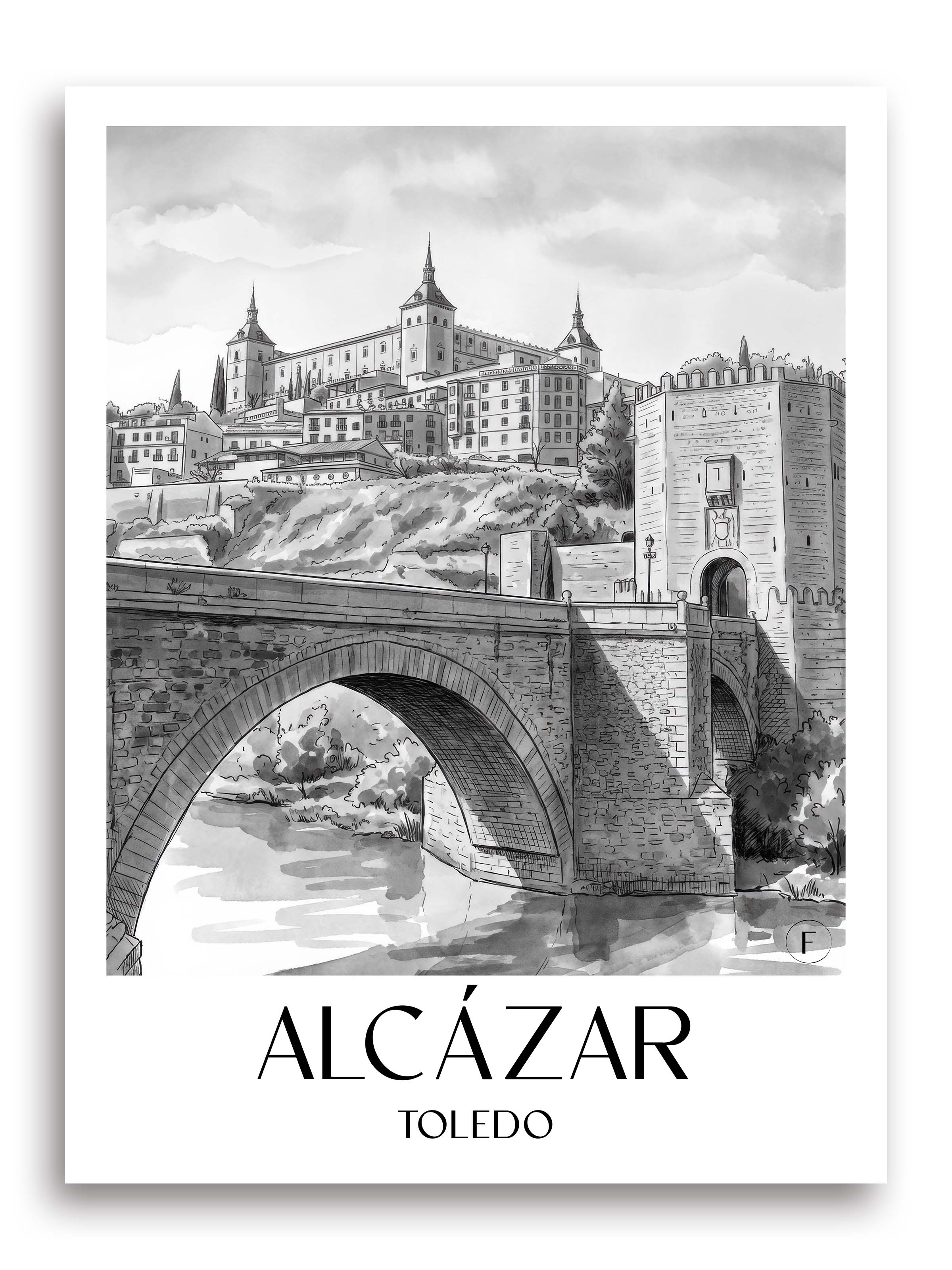 Alcázar Poster - Toledo - Spanien Kunstdruck - Aquarell Schwarz-Weiß von A4 bis A1 - favplace