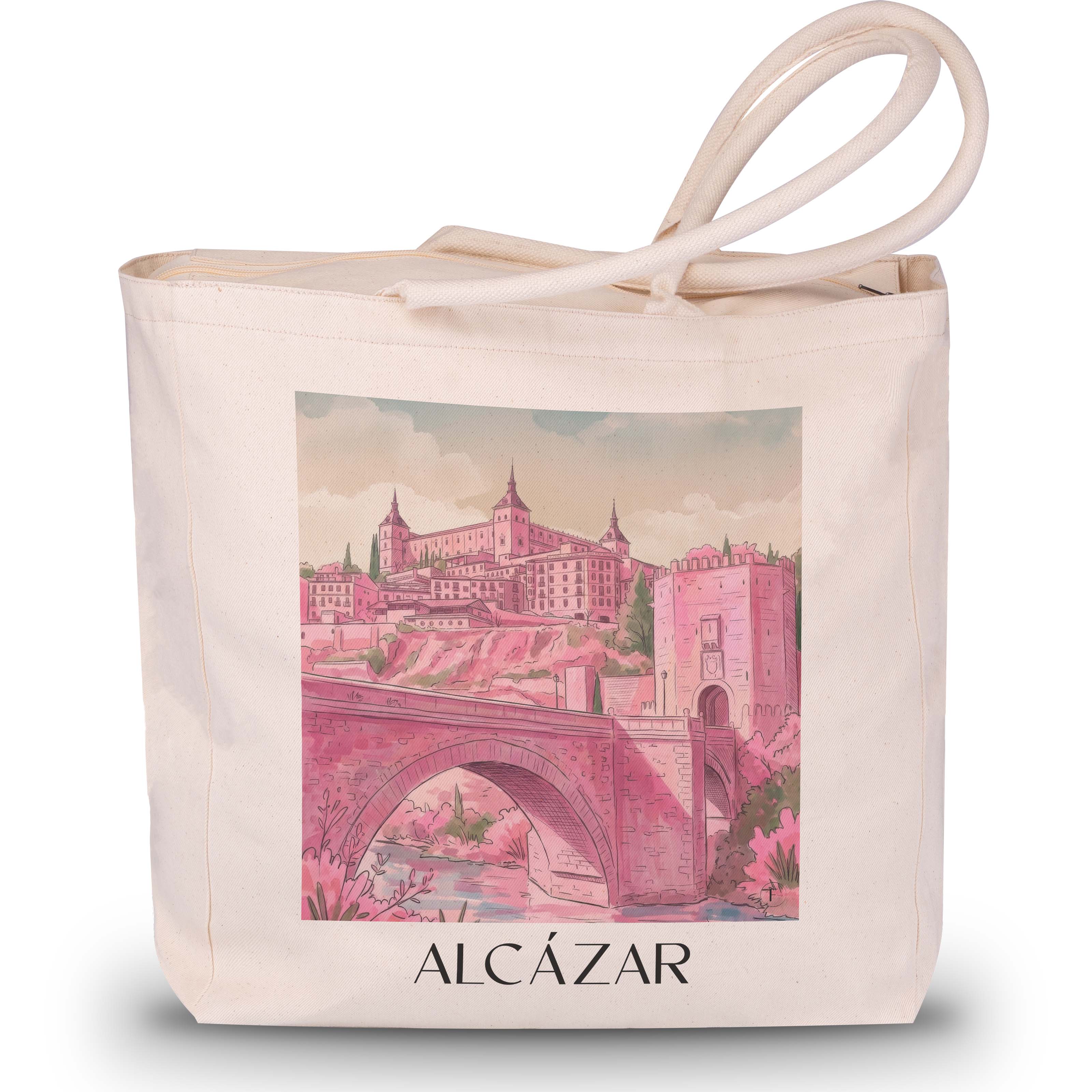 alcázar--toledo-spanien-einkaufstasche-aquarell-pink-rosa