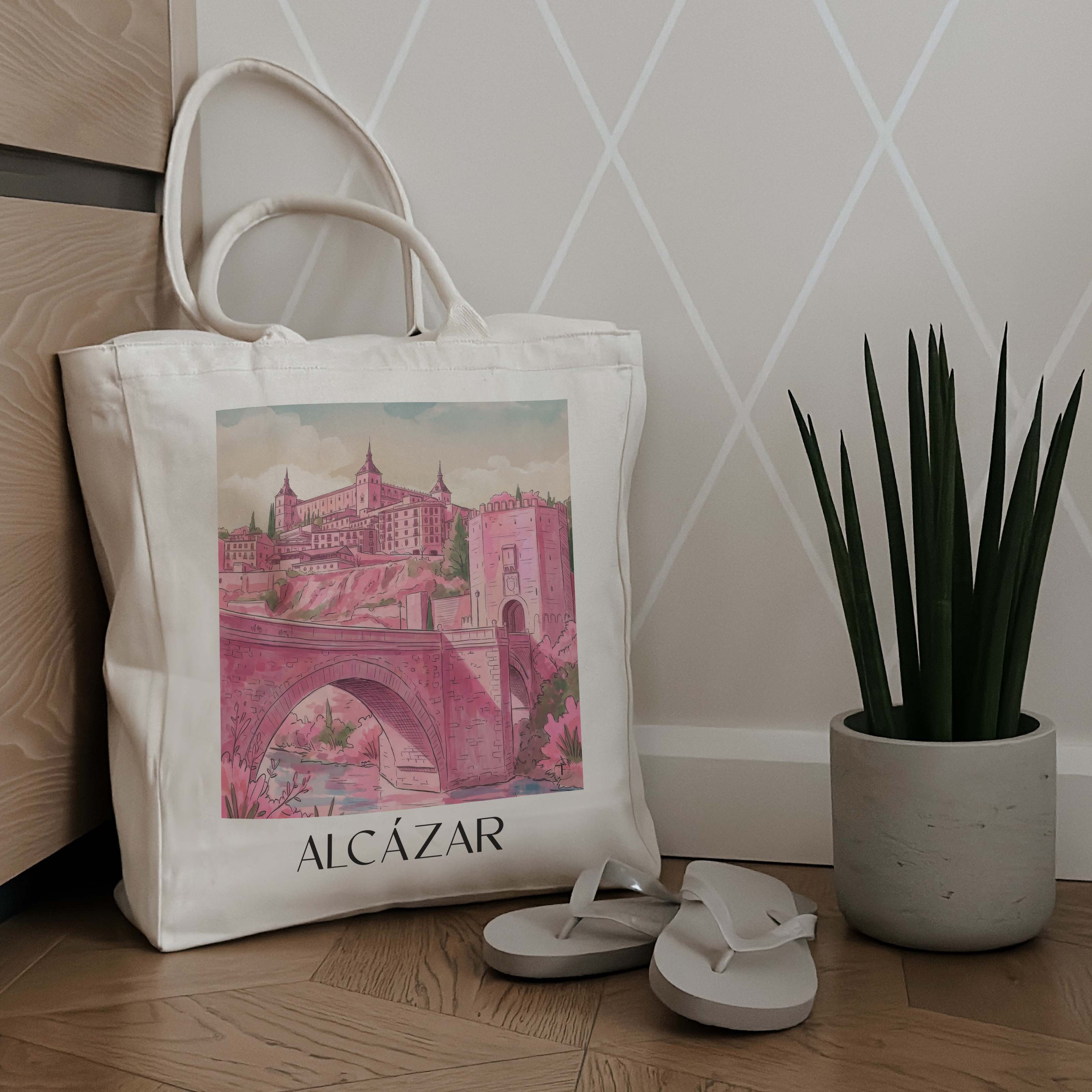 alcázar--toledo-spanien-einkaufstasche-aquarell-pink-rosa