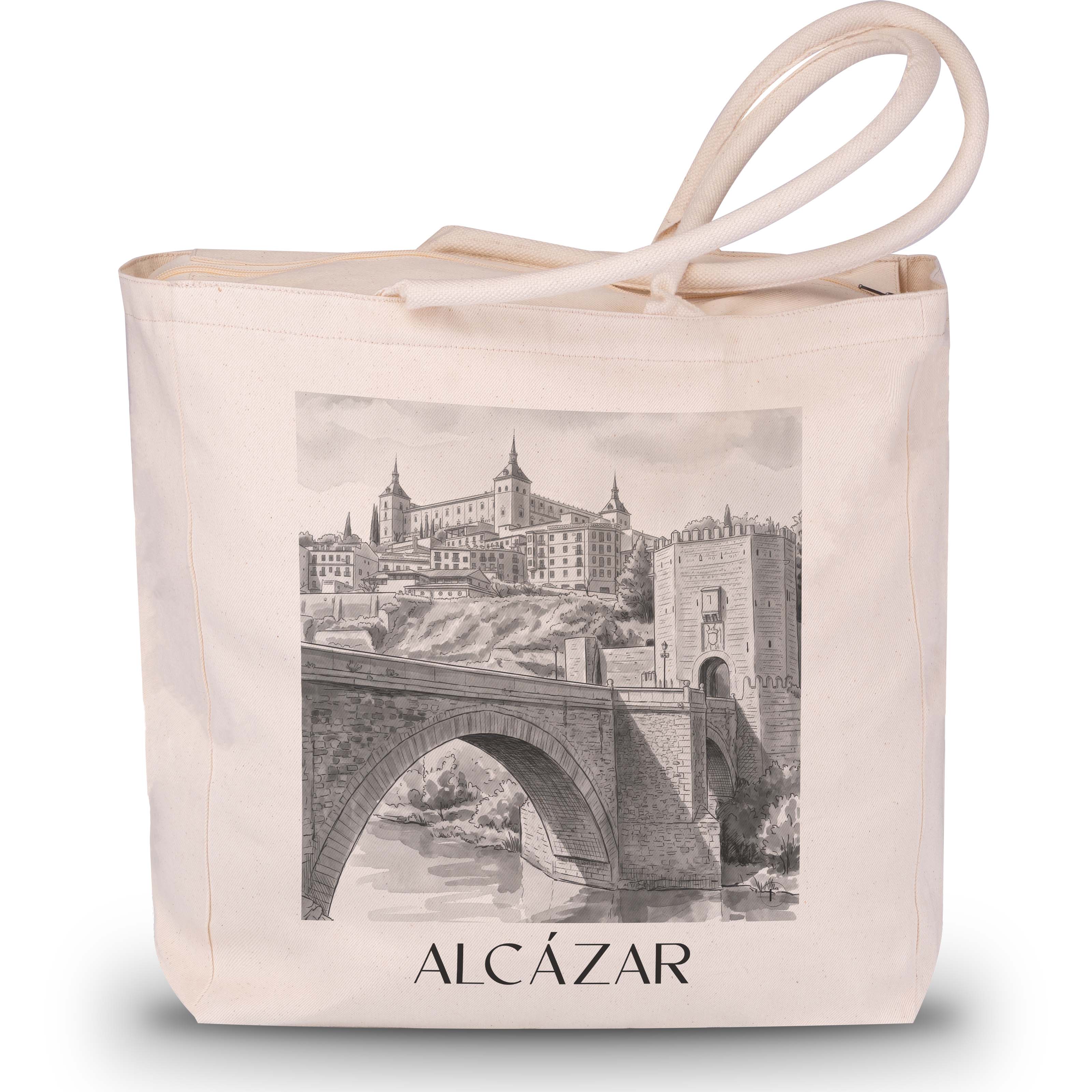 alcázar--toledo-spanien-einkaufstasche-aquarell-schwarz-weiss