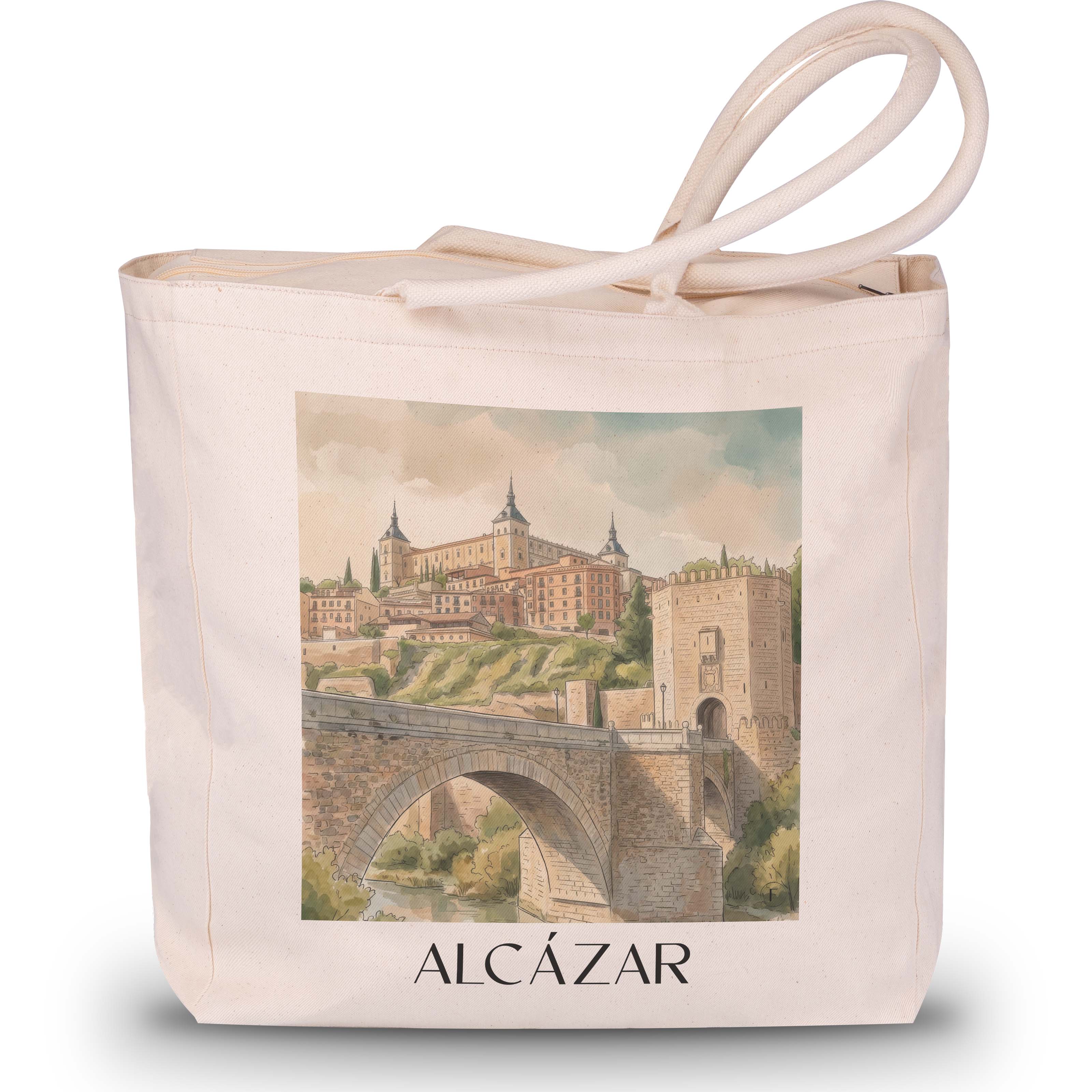 alcázar--toledo-spanien-einkaufstasche-aquarell