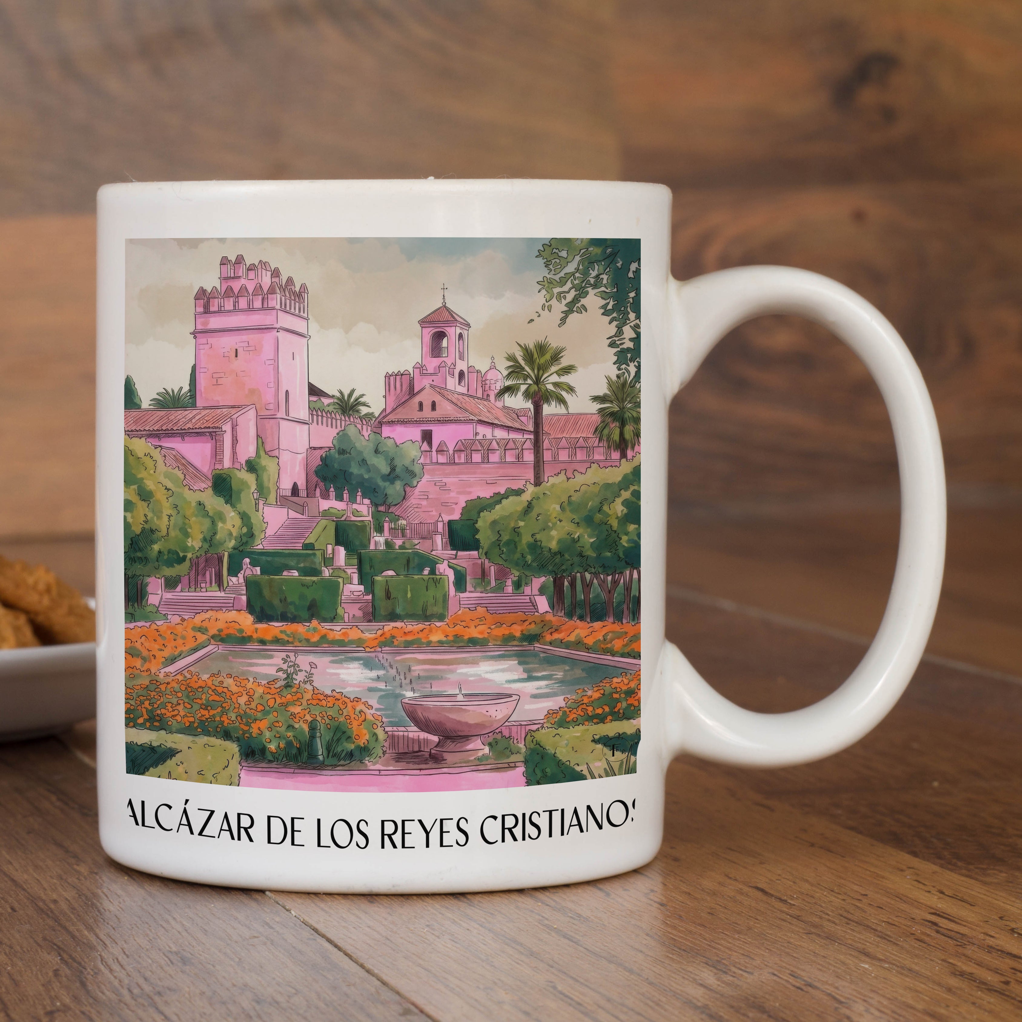 alcázar-de-los-reyes-cristianos-córdoba-spanien-kaffeebecher-aquarell-pink-rosa