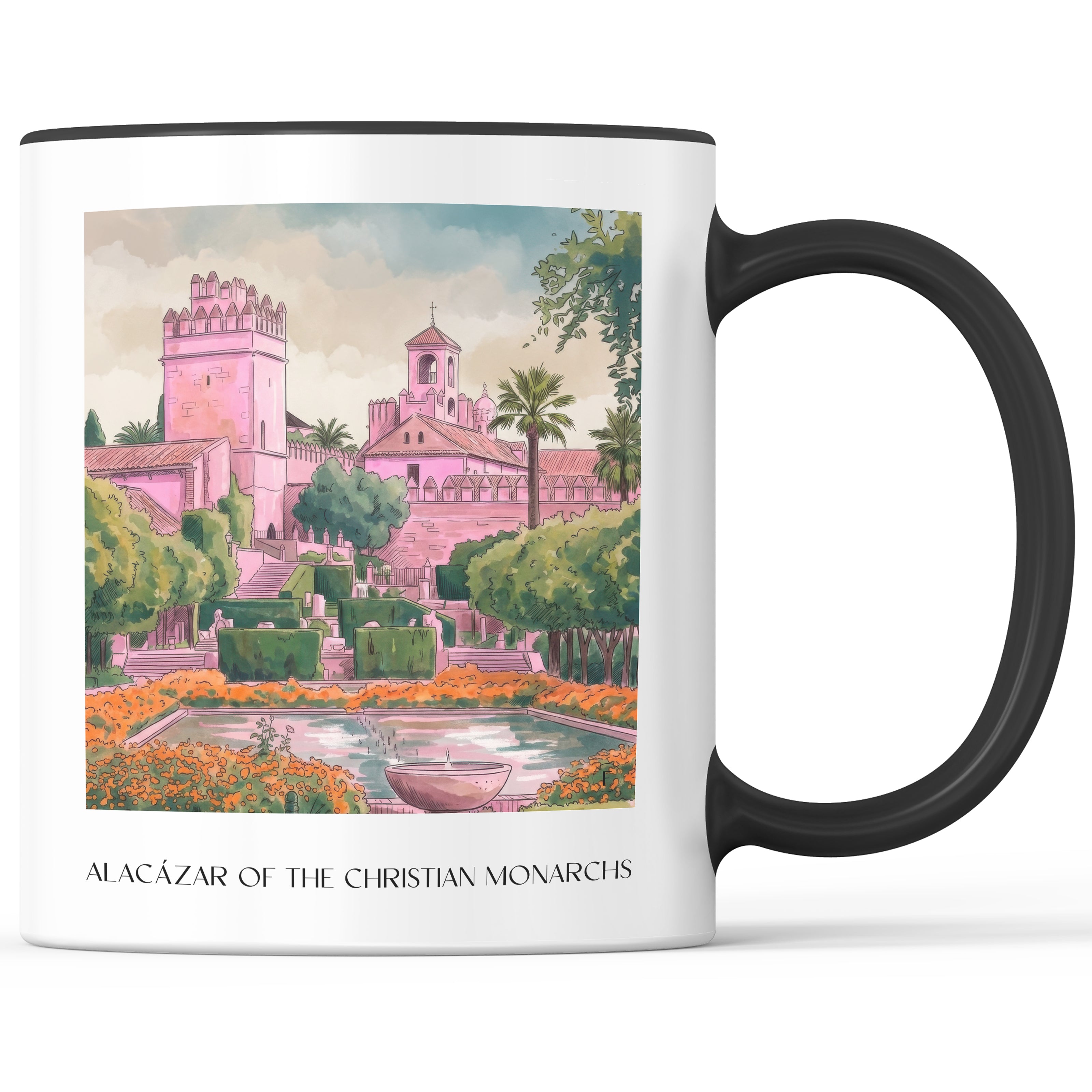 Alcázar de los Reyes Cristianos Kaffeebecher - Córdoba - Spanien Becher - Kaffeetasse im Aquarell Pink Stil - favplace