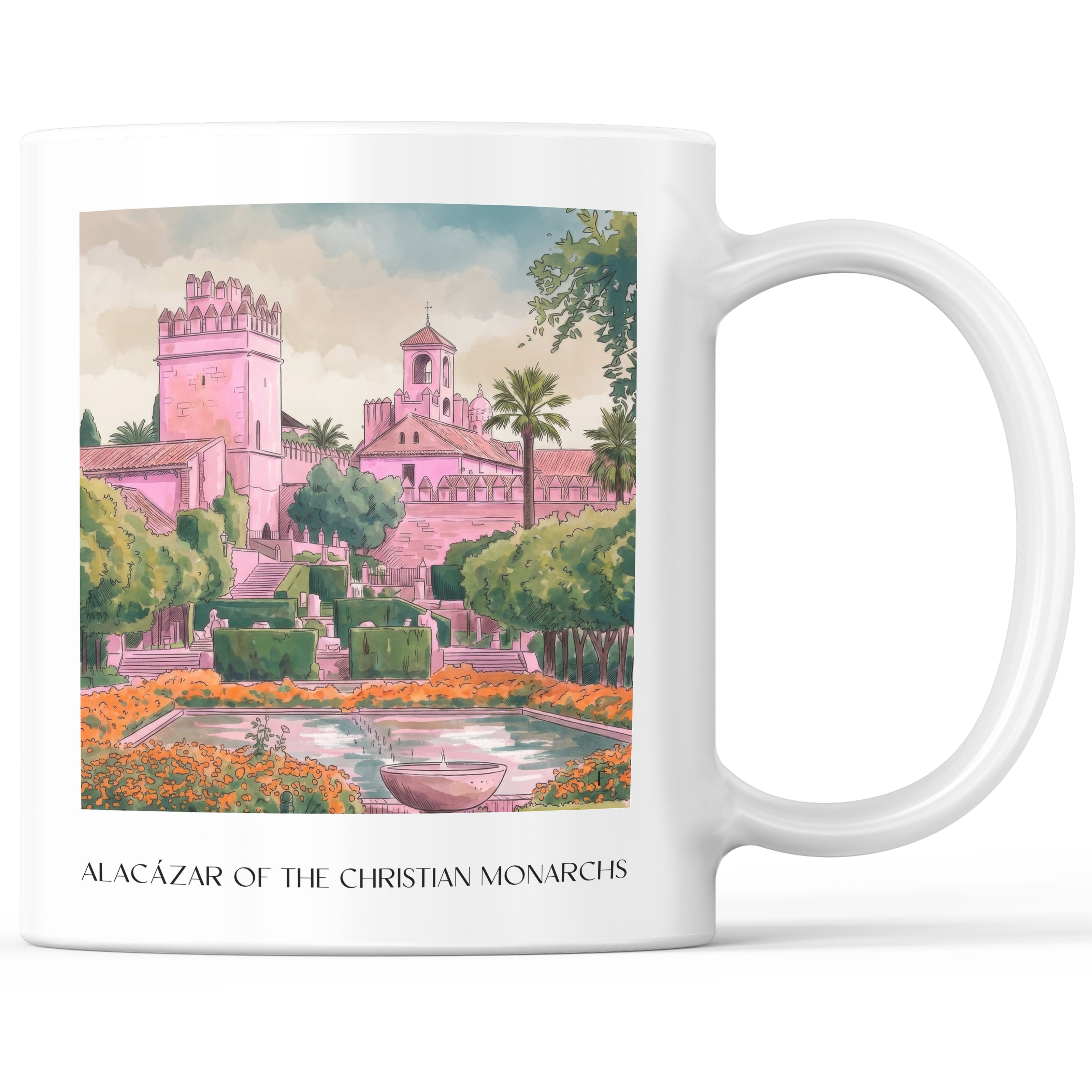 Alcázar de los Reyes Cristianos Kaffeebecher - Córdoba - Spanien Becher - Kaffeetasse im Aquarell Pink Stil - favplace