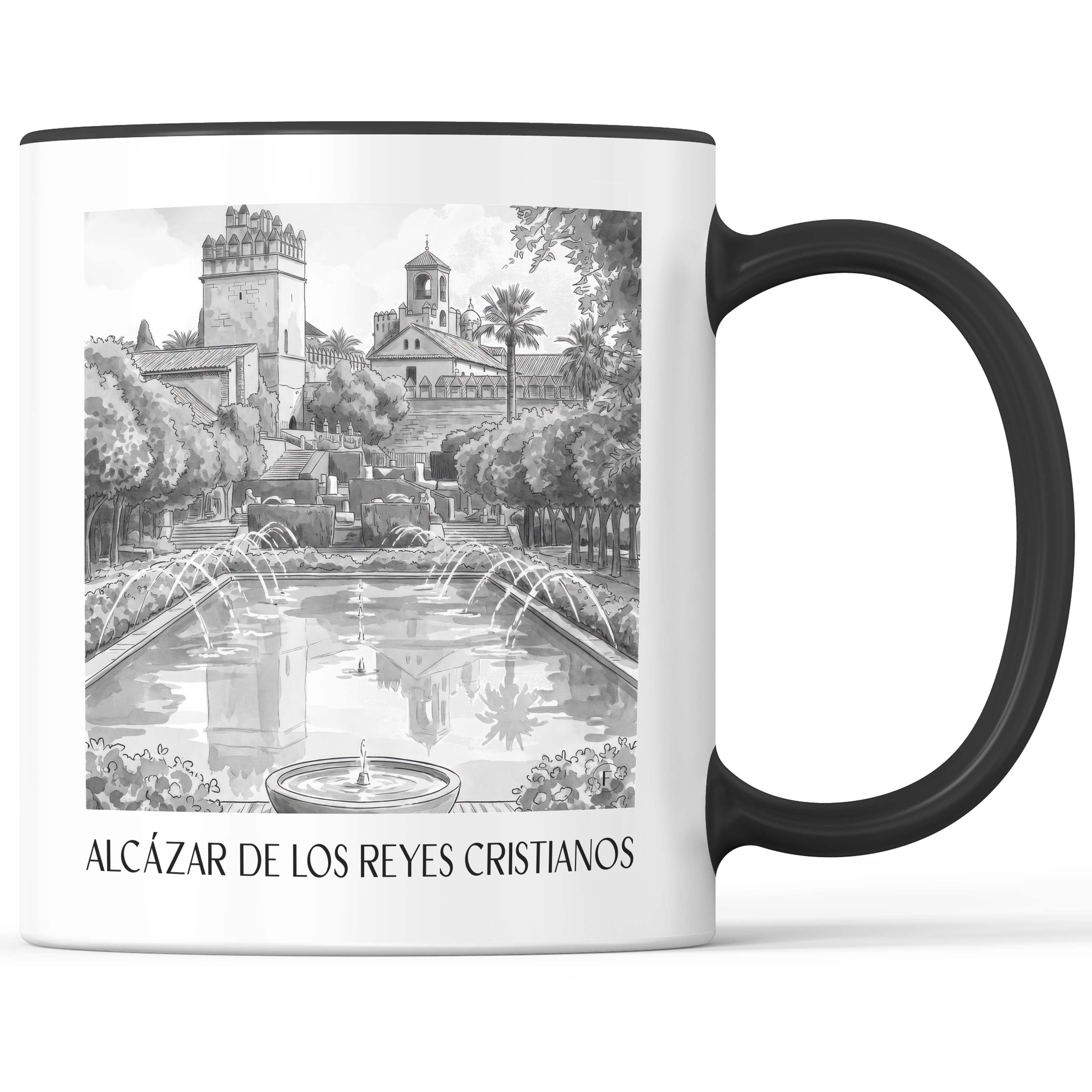 alcázar-de-los-reyes-cristianos-córdoba-spanien-kaffeebecher-aquarell-schwarz-weiss