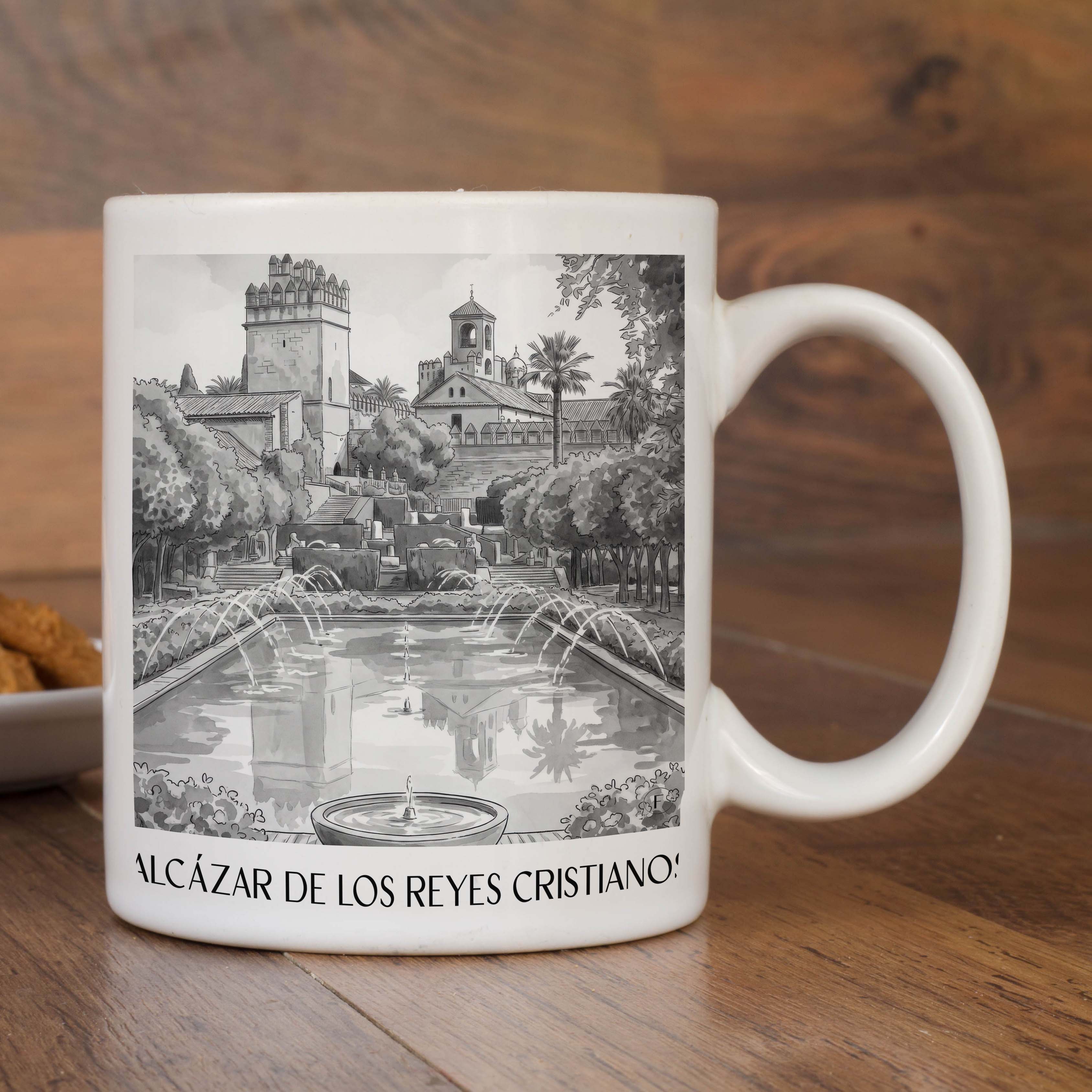 alcázar-de-los-reyes-cristianos-córdoba-spanien-kaffeebecher-aquarell-schwarz-weiss