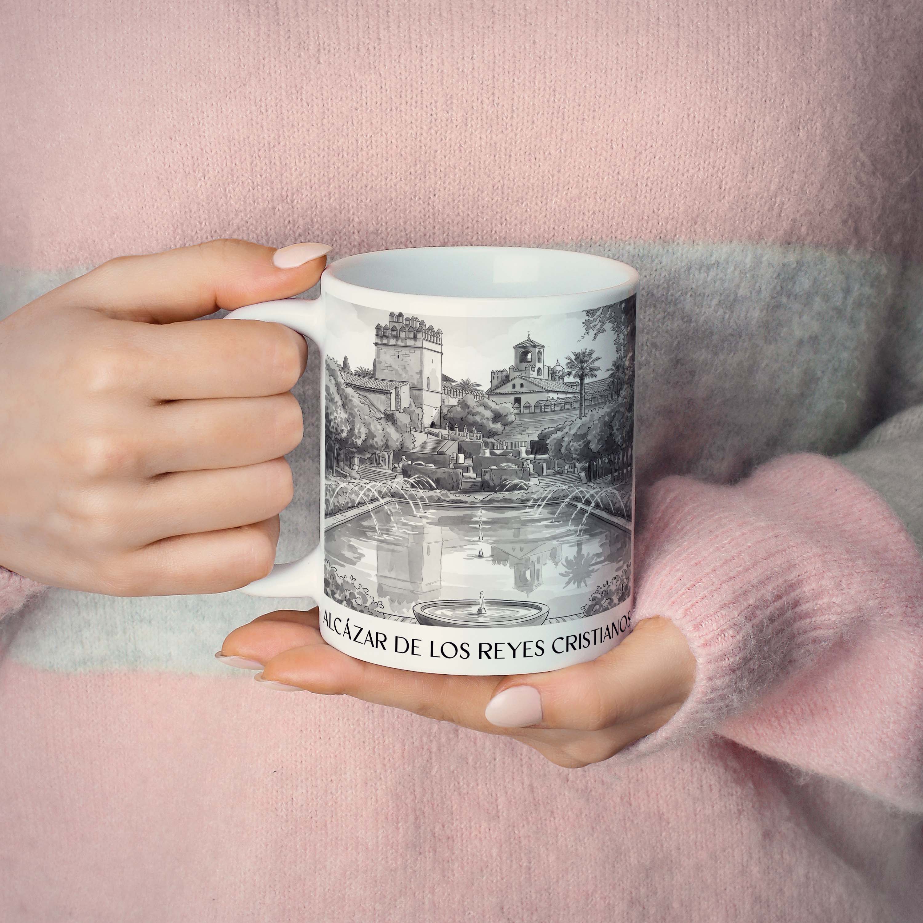 alcázar-de-los-reyes-cristianos-córdoba-spanien-kaffeebecher-aquarell-schwarz-weiss