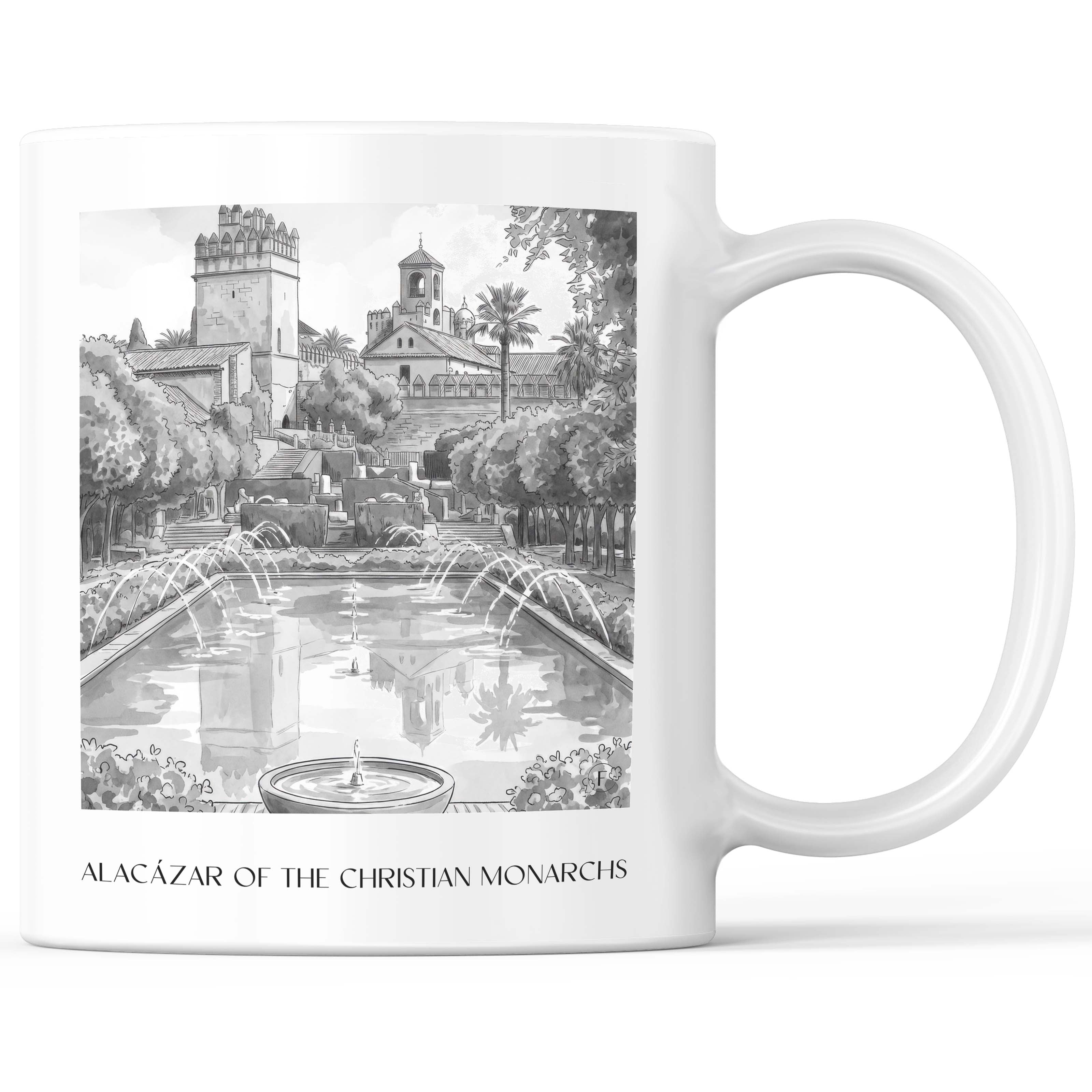 Alcázar de los Reyes Cristianos Kaffeebecher - Córdoba - Spanien Becher - Kaffeetasse im Aquarell Schwarz-Weiß Stil - favplace