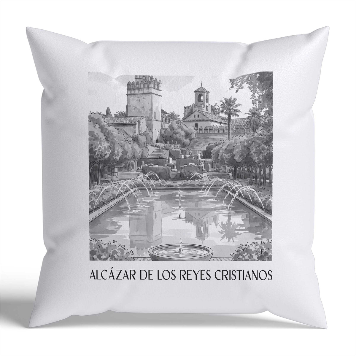 alcázar-de-los-reyes-cristianos-córdoba-spanien-kissenbezug-aquarell-schwarz-weiss