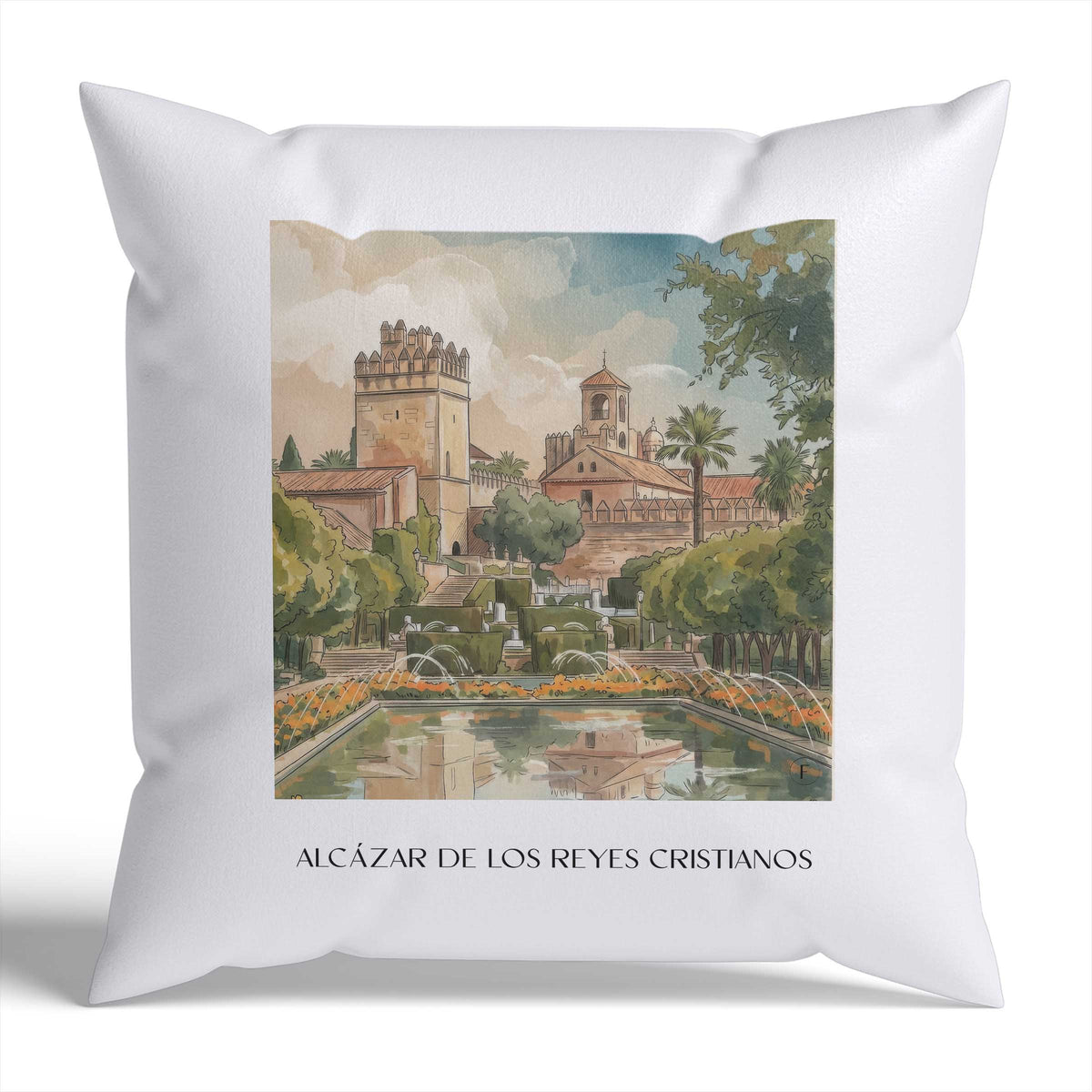 alcázar-de-los-reyes-cristianos-córdoba-spanien-kissenbezug-aquarell