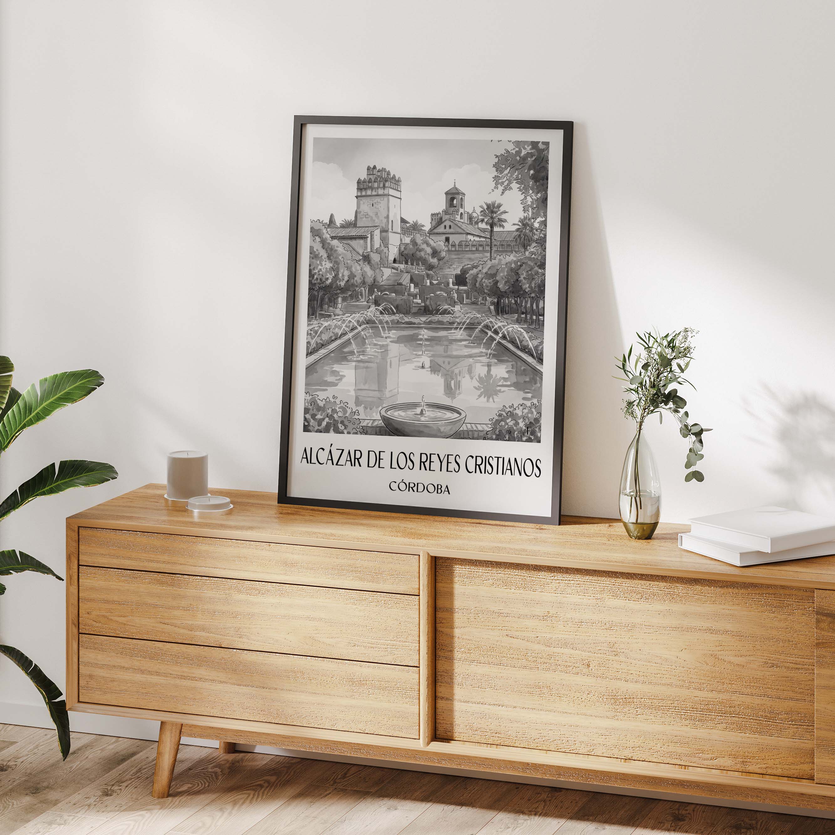 alcázar-de-los-reyes-cristianos-córdoba-spanien-poster-aquarell-schwarz-weiss