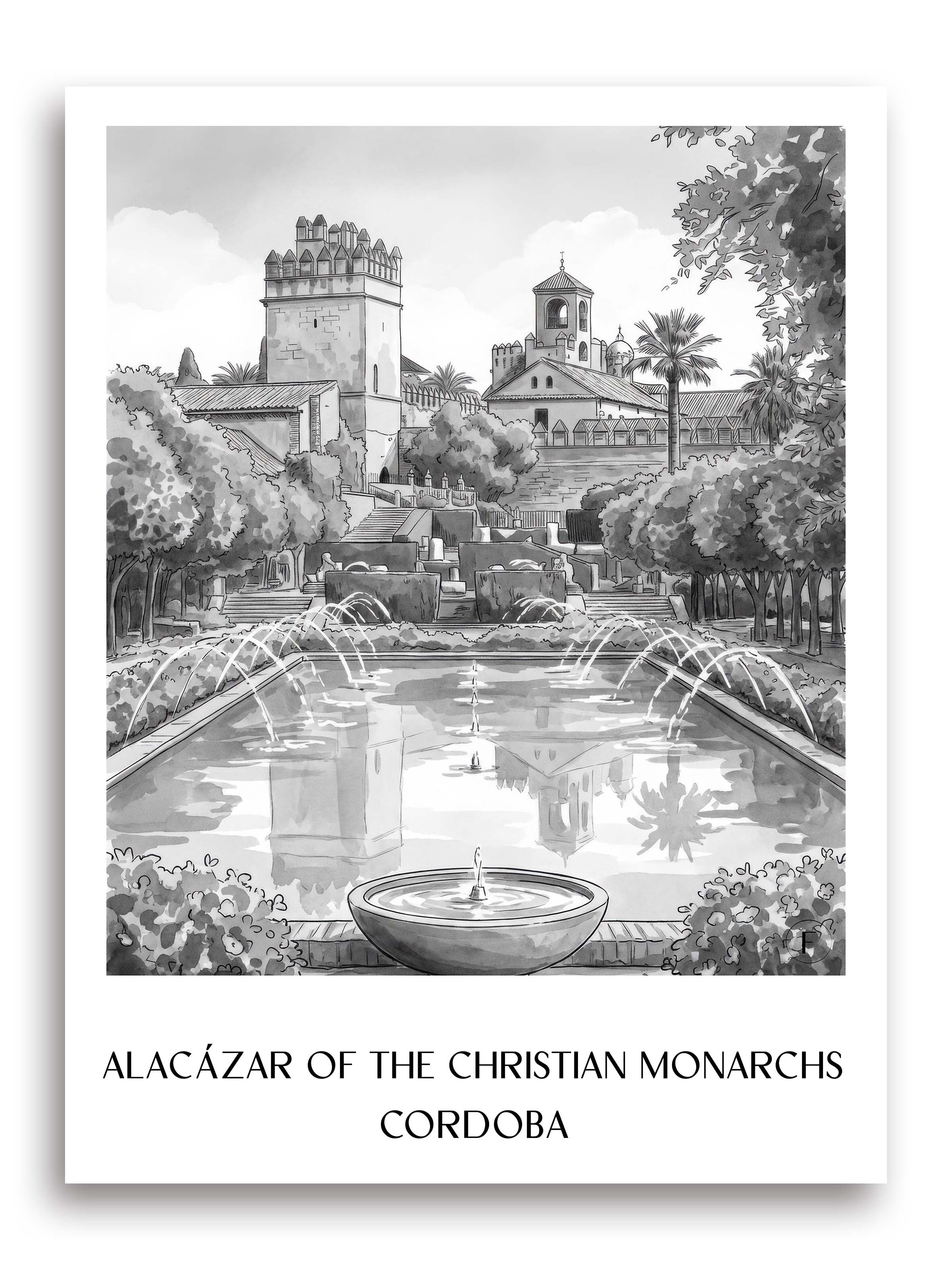 Alcázar de los Reyes Cristianos Poster - Córdoba - Spanien Kunstdruck - Aquarell Schwarz-Weiß von A4 bis A1 - favplace