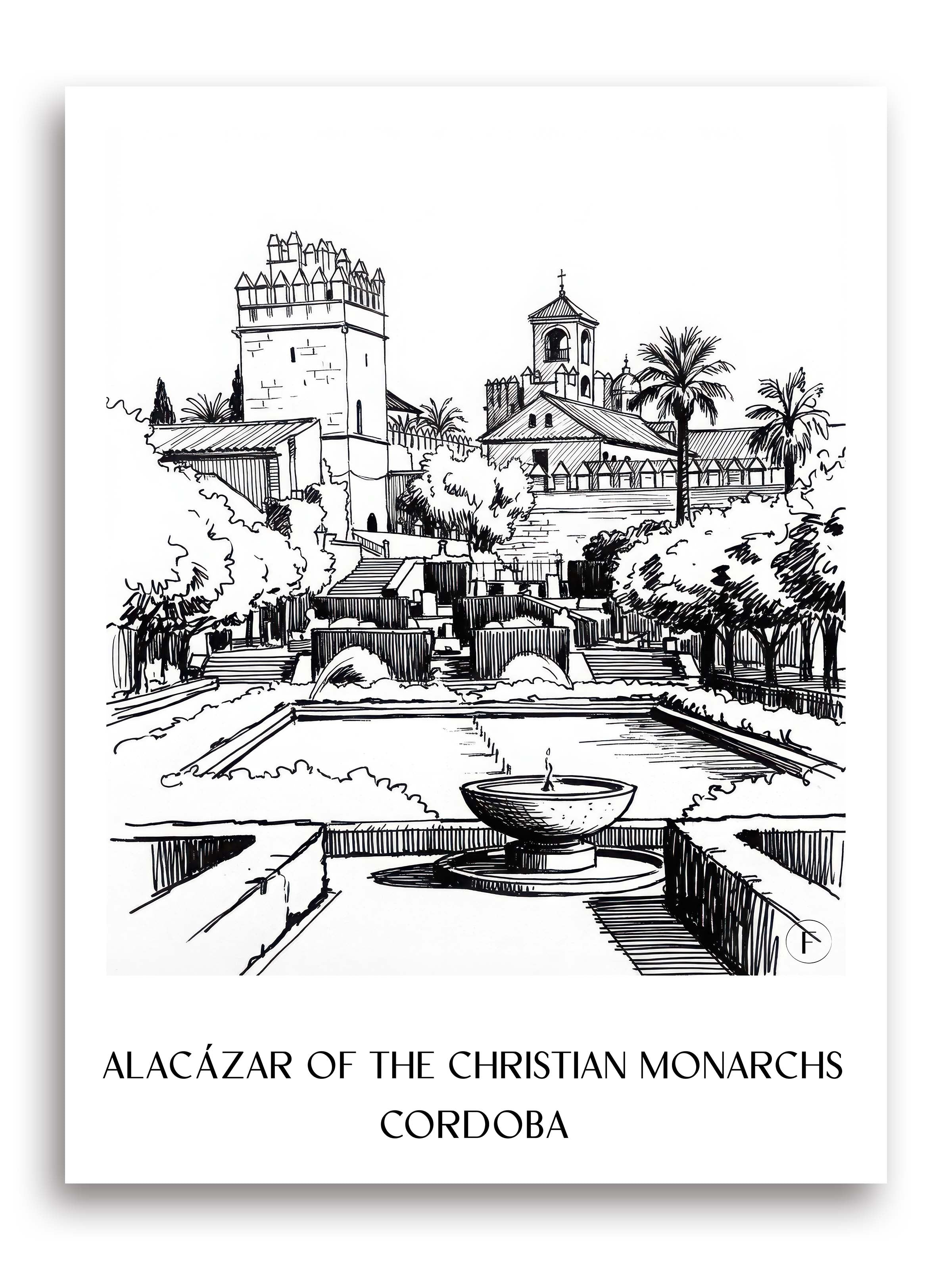 Alcázar de los Reyes Cristianos Poster - Córdoba - Spanien Kunstdruck - Skizze von A4 bis A1 - favplace