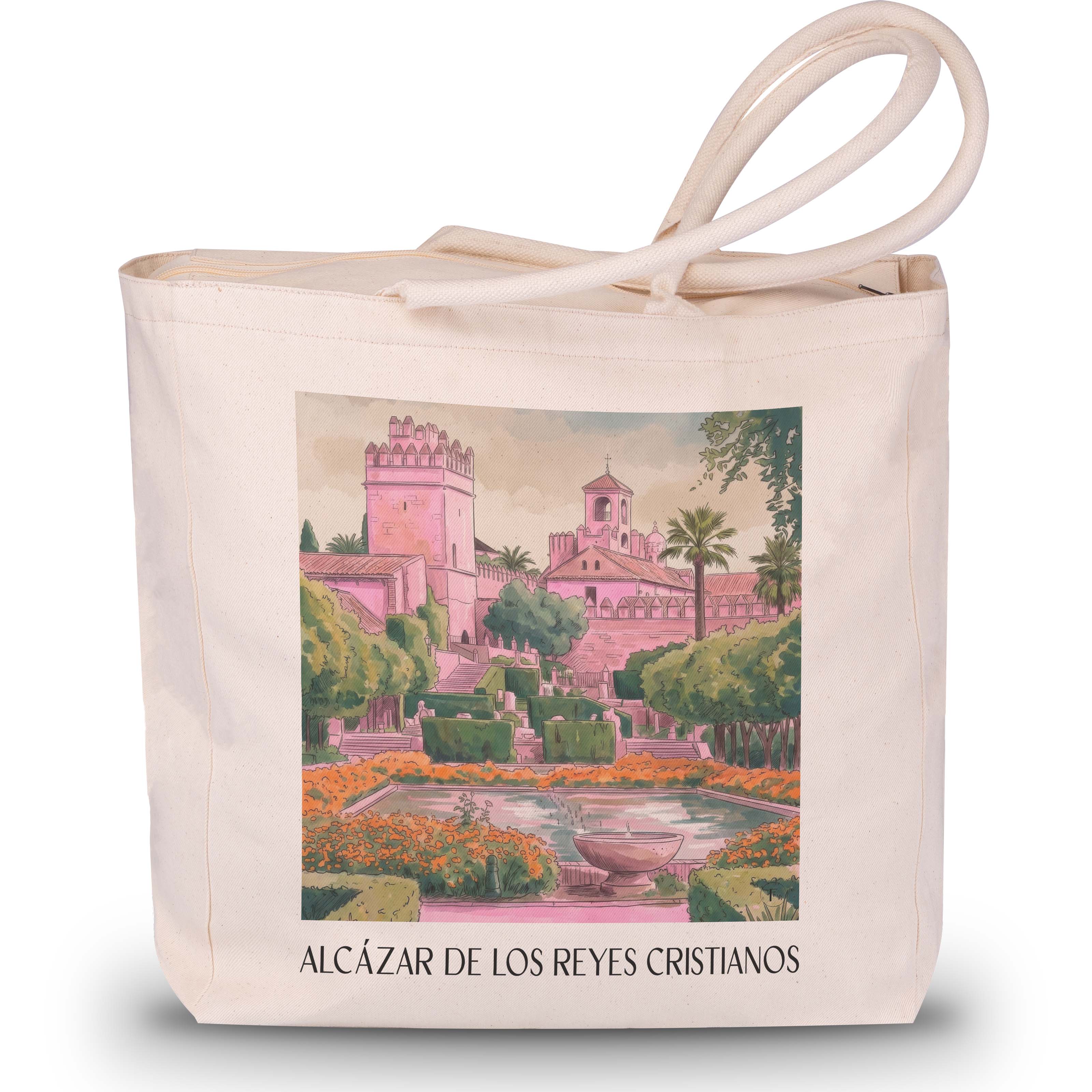 alcázar-de-los-reyes-cristianos-córdoba-spanien-einkaufstasche-aquarell-pink-rosa