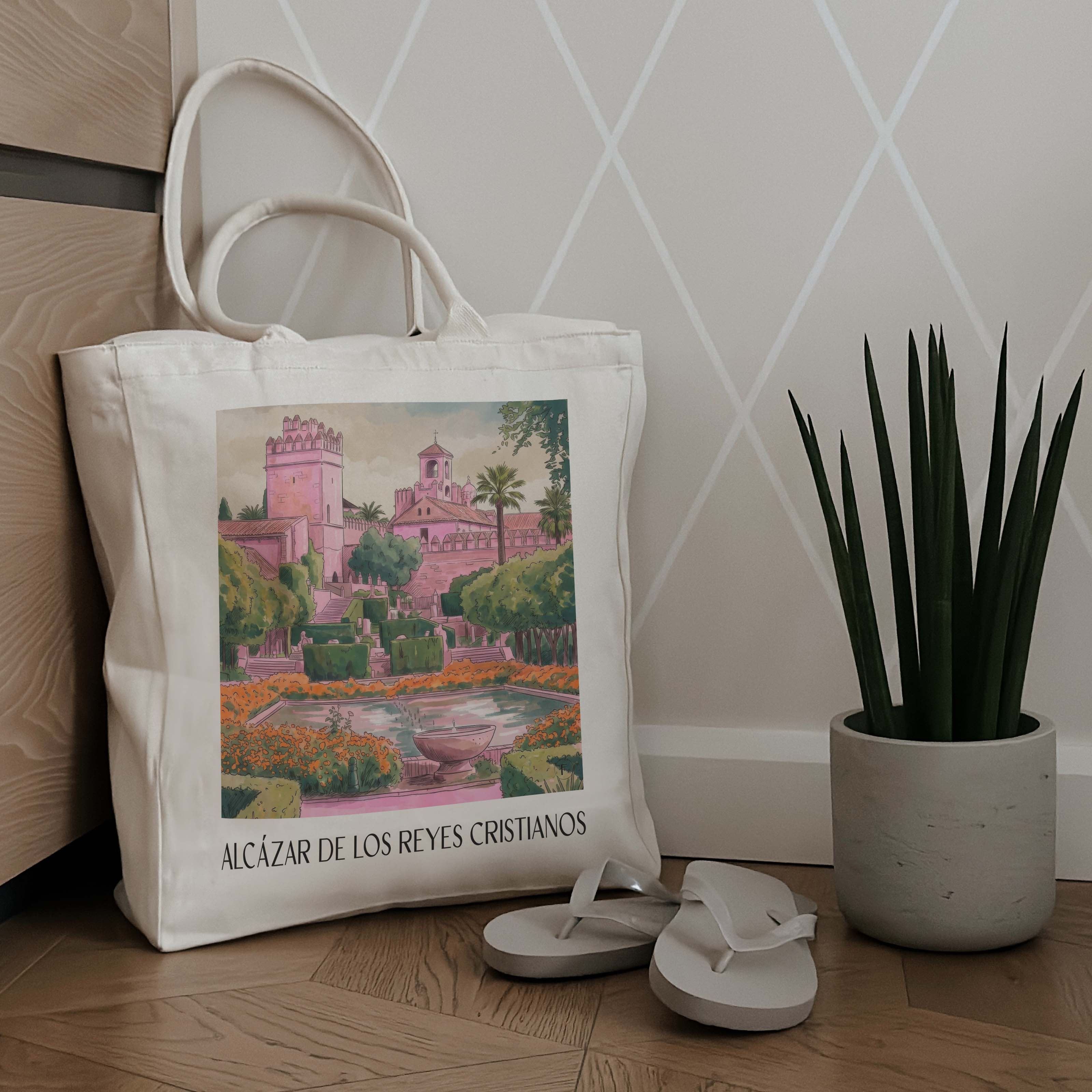 alcázar-de-los-reyes-cristianos-córdoba-spanien-einkaufstasche-aquarell-pink-rosa