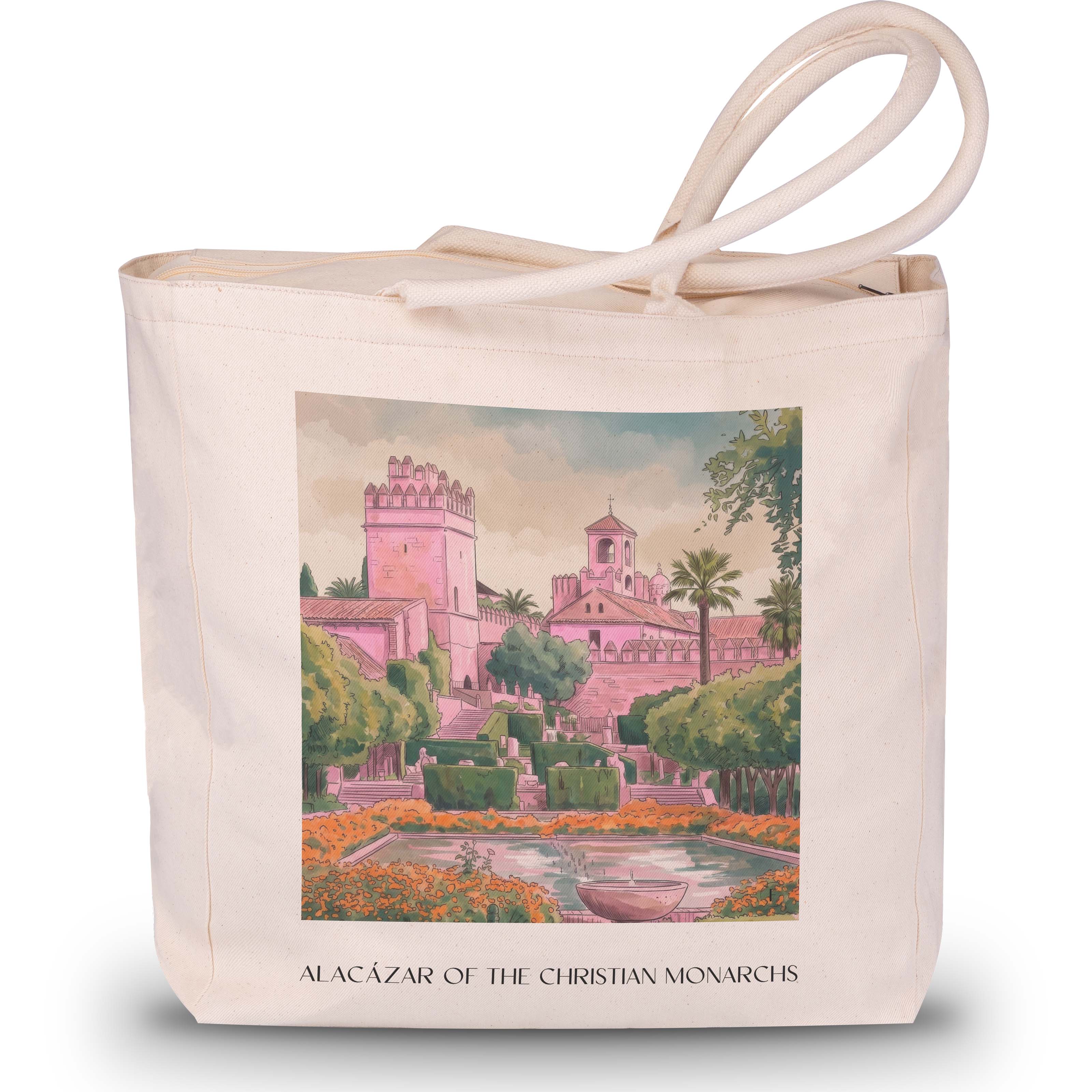 Alcázar de los Reyes Cristianos Shopping Tasche - Córdoba - Spanien Tote Bag - Einkaufstasche im Aquarell Pink Stil - favplace
