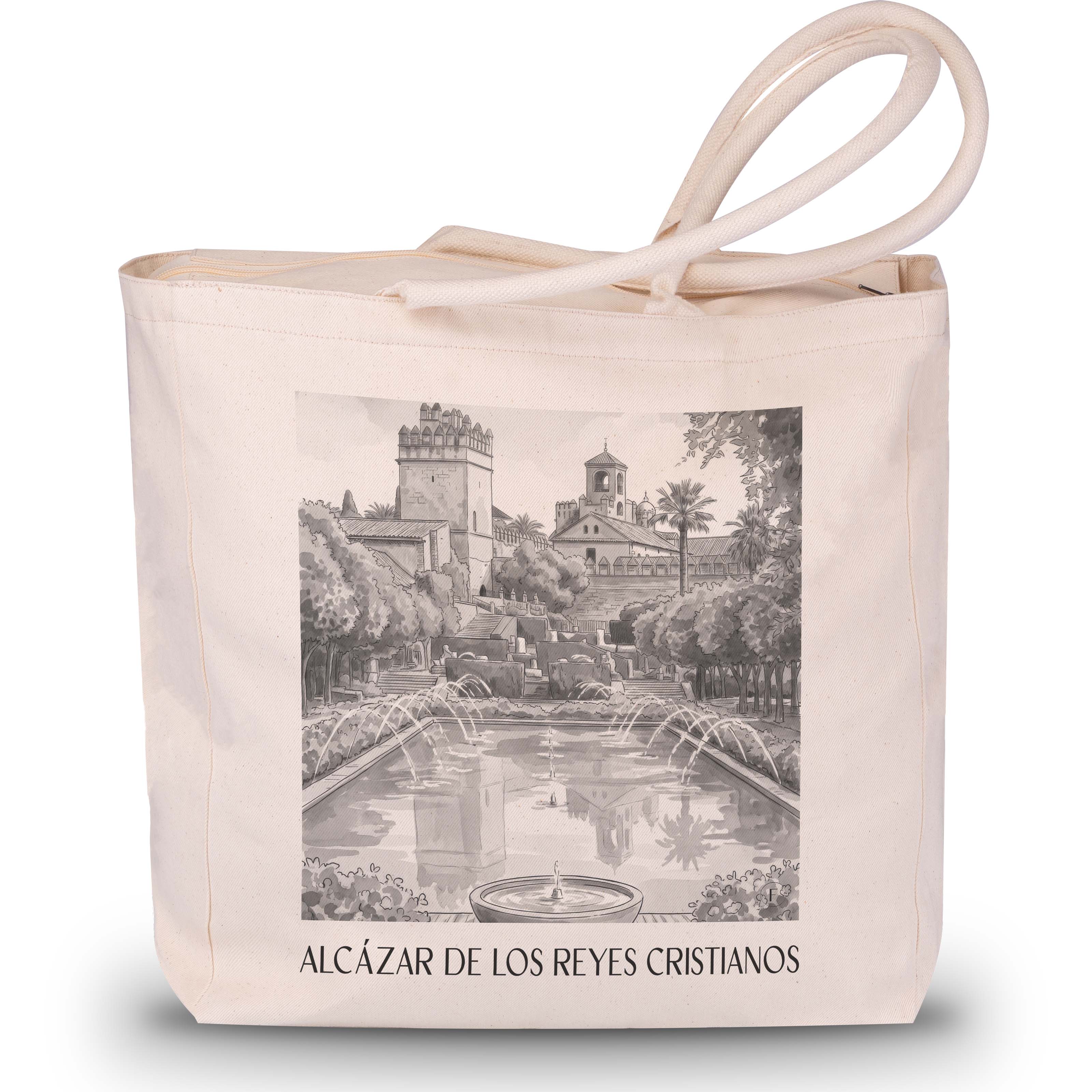 alcázar-de-los-reyes-cristianos-córdoba-spanien-einkaufstasche-aquarell-schwarz-weiss