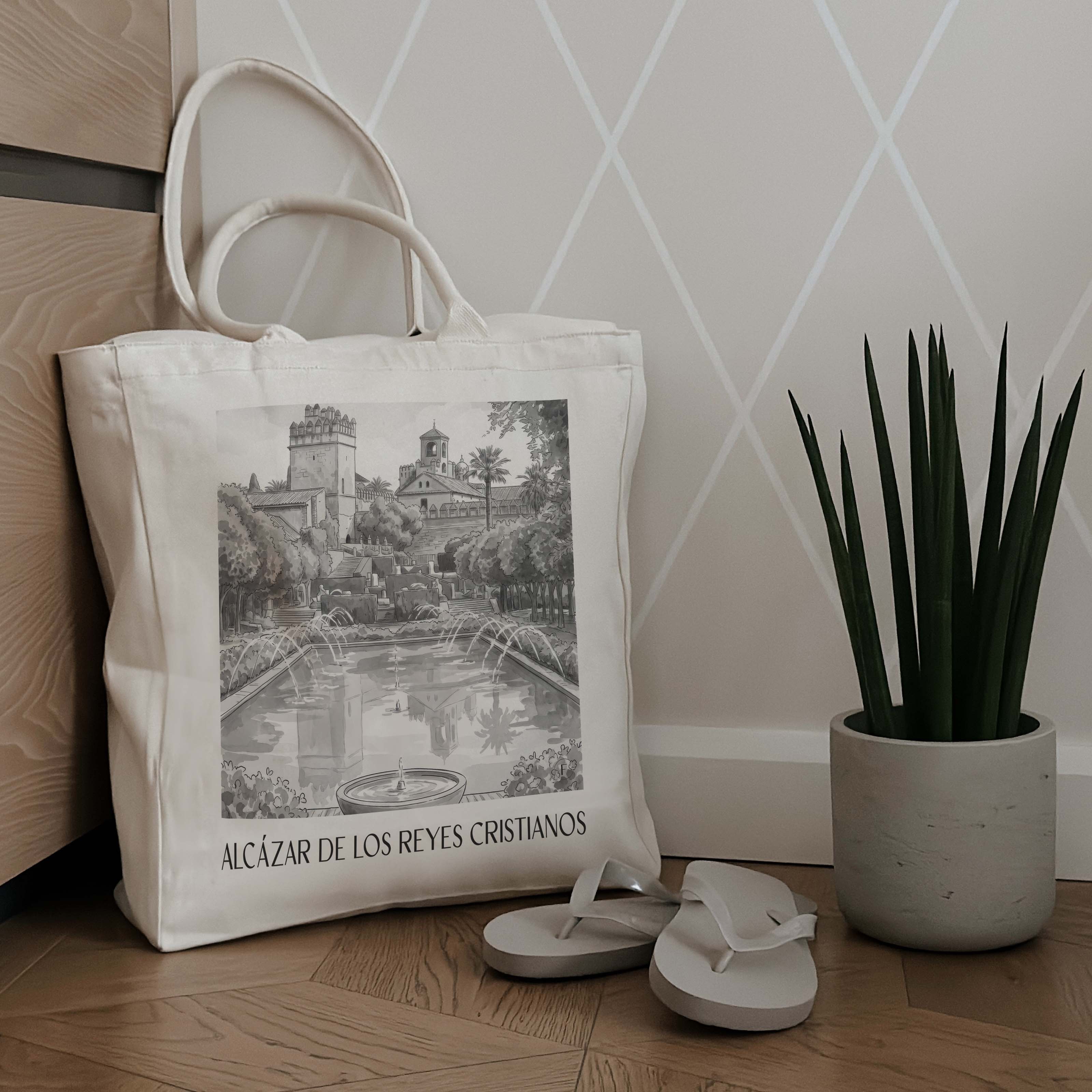 alcázar-de-los-reyes-cristianos-córdoba-spanien-einkaufstasche-aquarell-schwarz-weiss