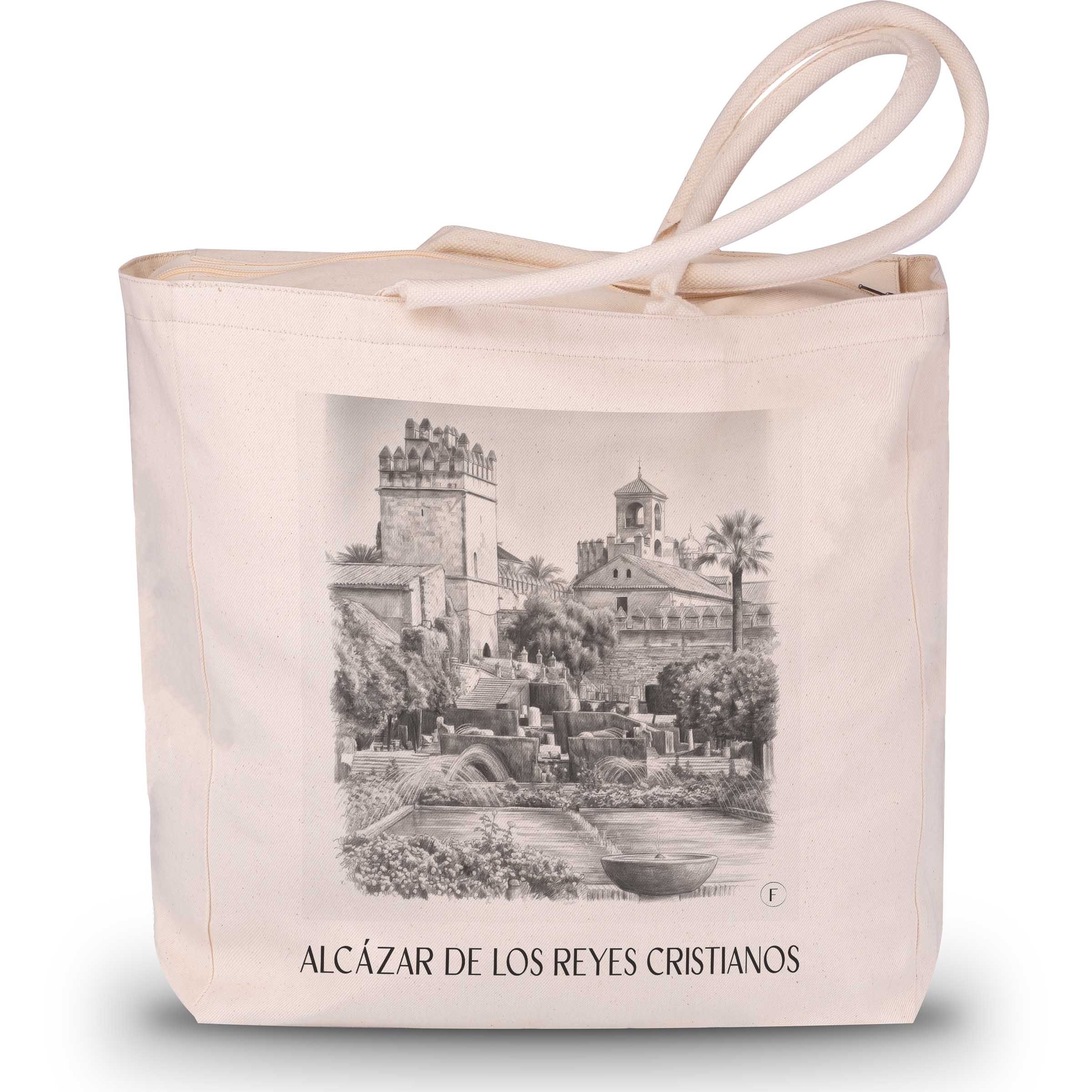 alcázar-de-los-reyes-cristianos-córdoba-spanien-einkaufstasche-bleistift-zeichnung-drawing
