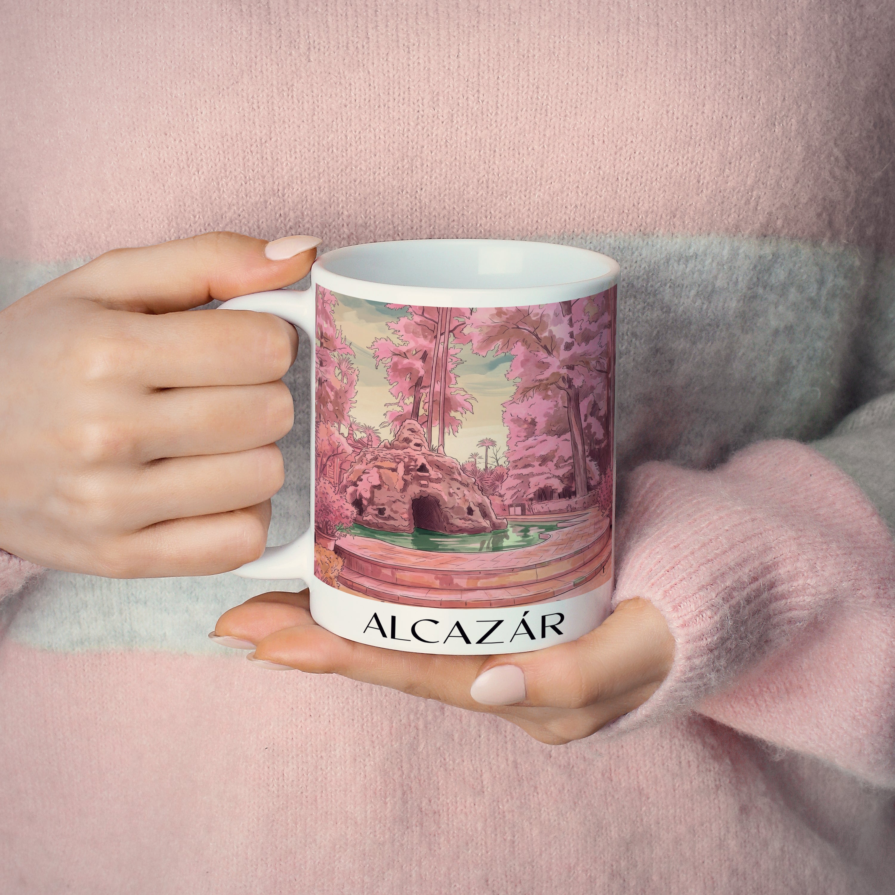 alcazár-sevilla-spanien-kaffeebecher-aquarell-pink-rosa