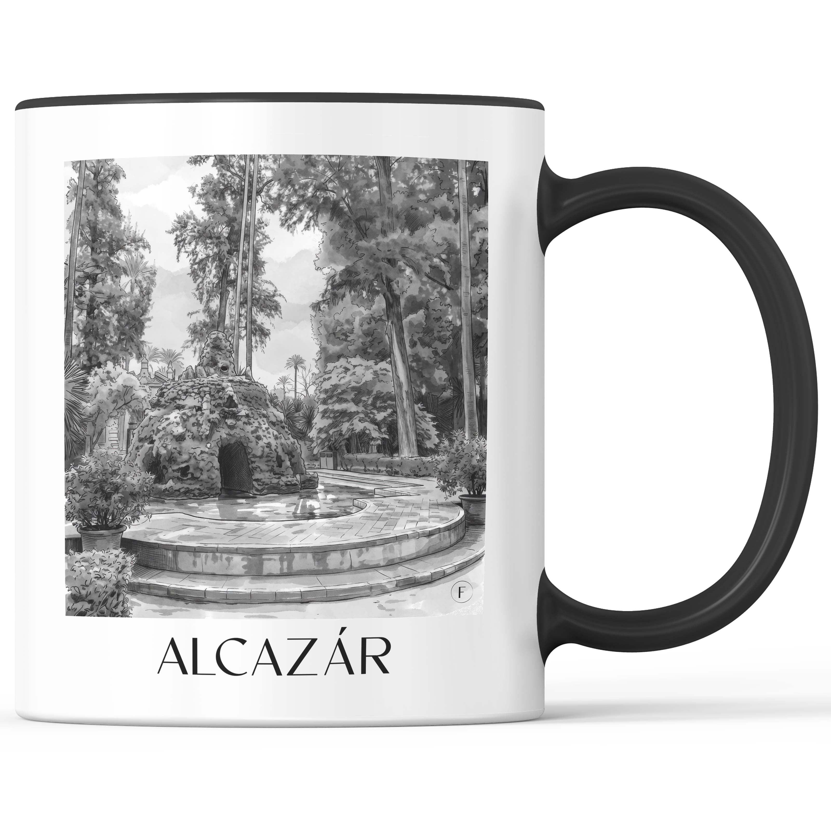 alcazár-sevilla-spanien-kaffeebecher-aquarell-schwarz-weiss