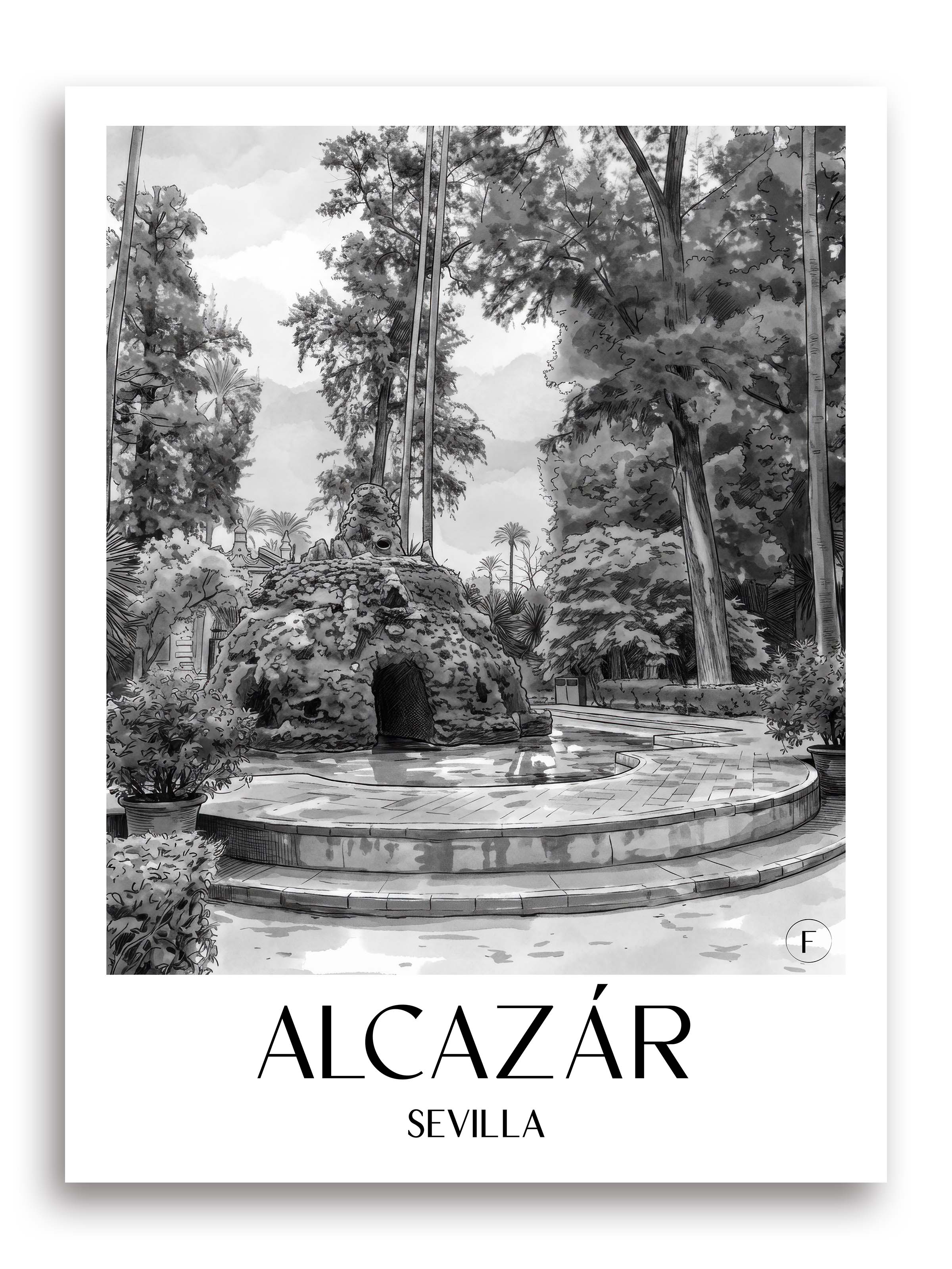 alcazár-sevilla-spanien-poster-aquarell-schwarz-weiss