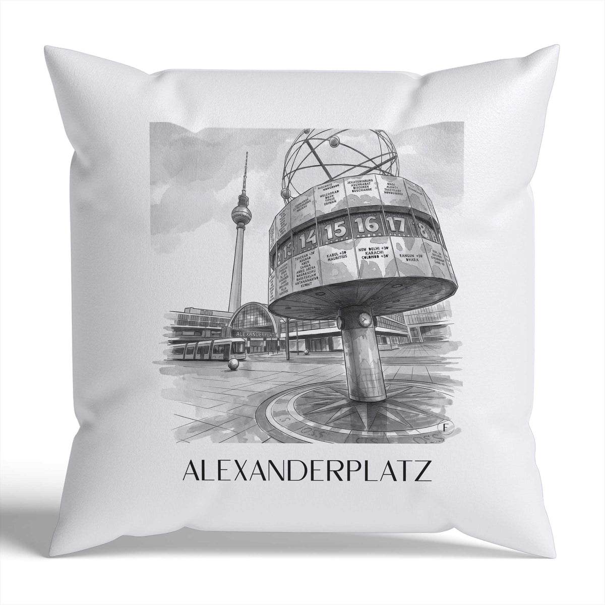 Alexanderplatz Kissenhülle - Zierkissen Bezug - Berlin - Deutschland Kissen bzw. Kissenbezug im Aquarell Schwarz-Weiß Stil - favplace