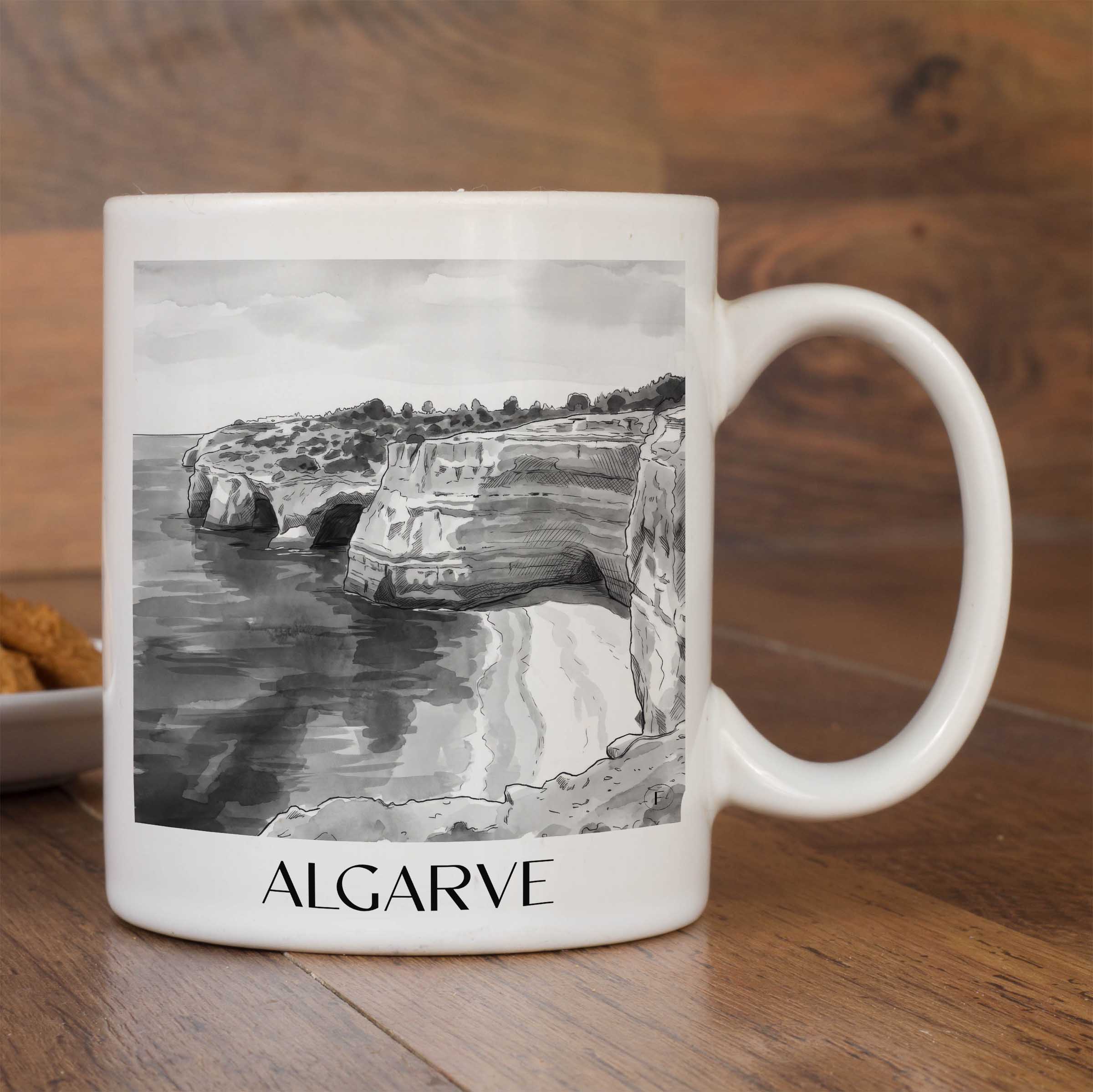 algarve-portugal-kaffeebecher-aquarell-schwarz-weiss